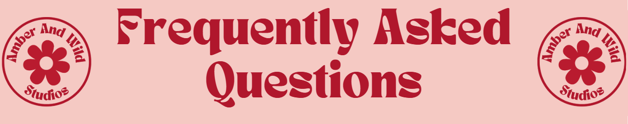 Graphic design featuring pink background with red text reading 'Frequently Asked Questions' and two circular logos on either side with a red flower and the words 'Amber And Wild Studios'.