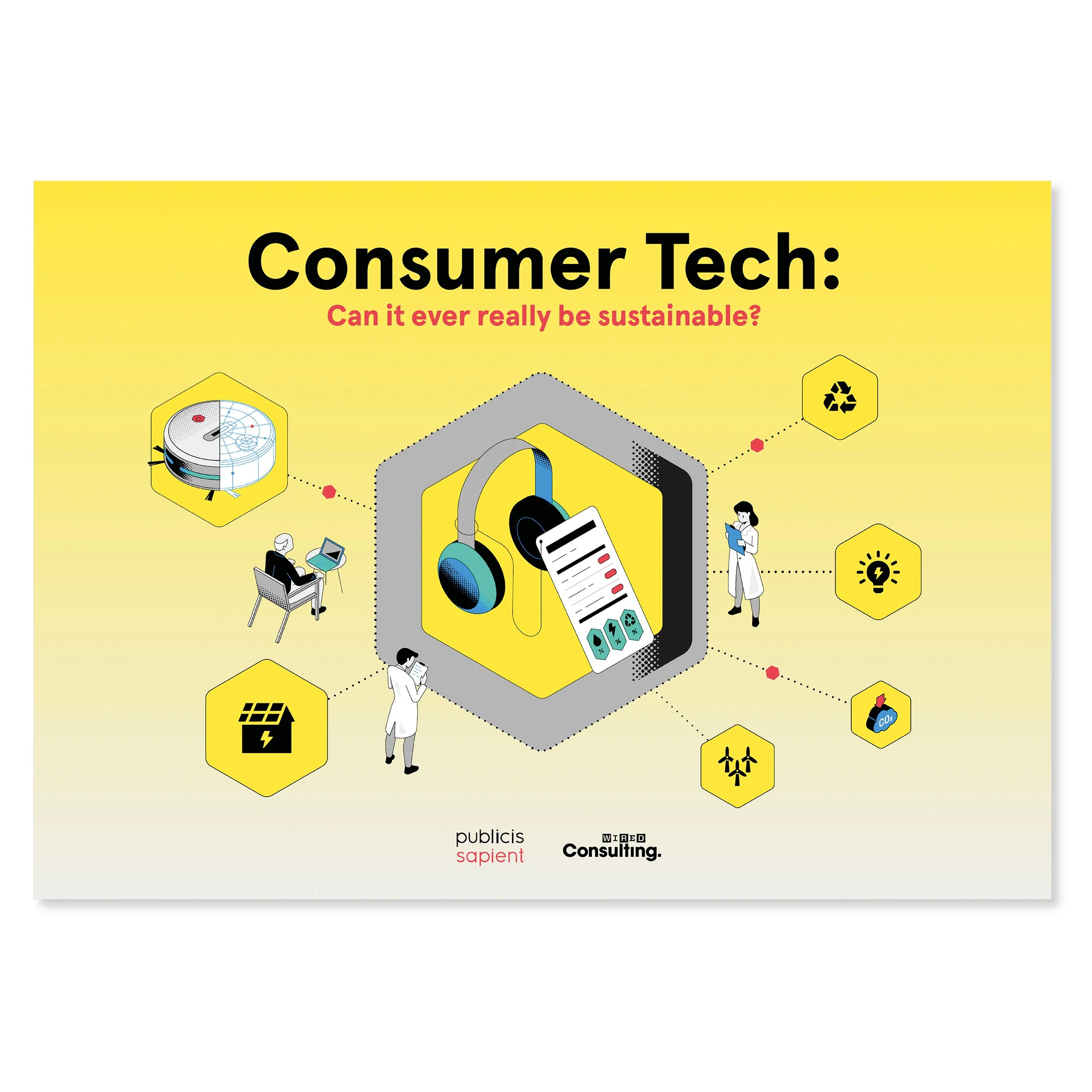 Cover page titled 'Consumer Tech: Can it ever really be sustainable?' with icons and illustrations of technology items and people.