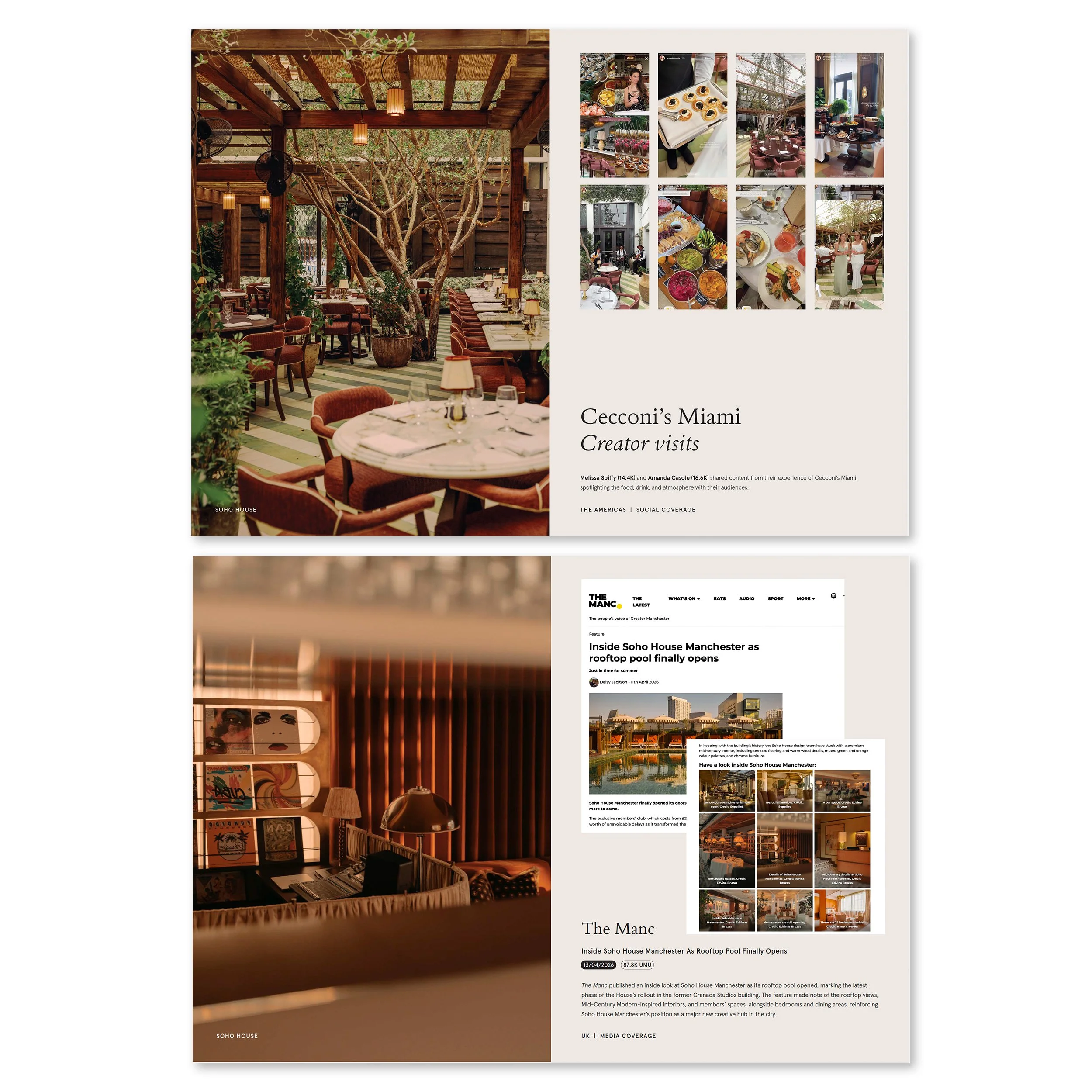 A cozy indoor dining area with wooden beams, a large tree with branches inside, and pink cushioned chairs around tables set for dining at Soho House in Miami.