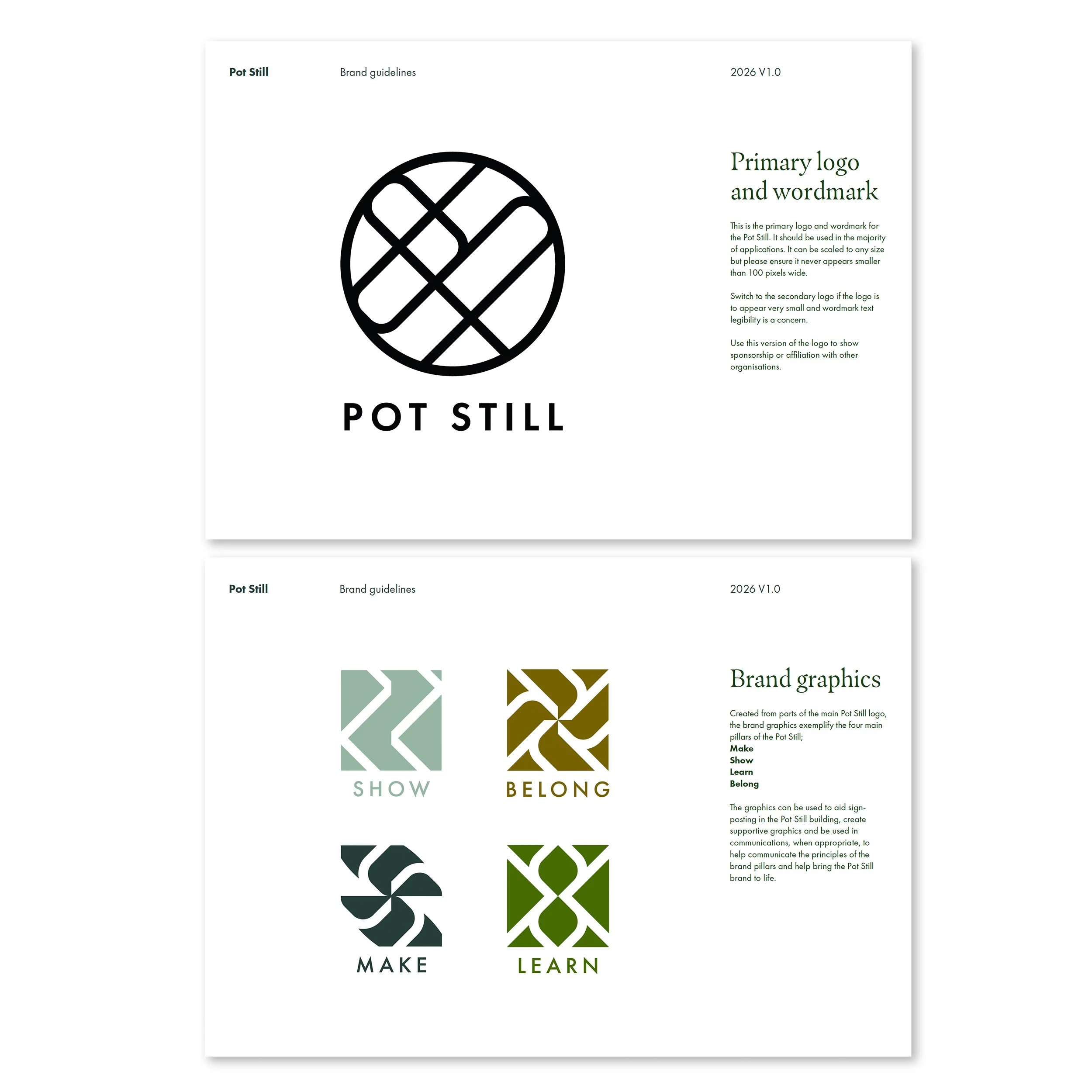 Collection of brand guidelines pages featuring black and white logo design, color palette options in muted shades, and key brand pillars "Make," "Show," "Learn," and "Belong."