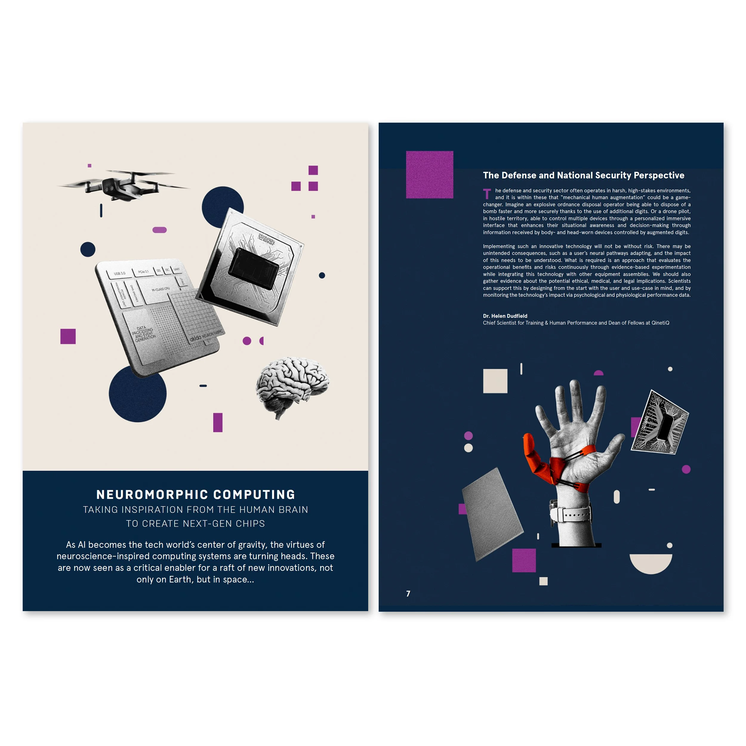 Two pages of a scientific publication or presentation on neuromorphic computing. The left page features images of a drone, a brain, a circuit board, and electronic components, with the title "Neuromorphic Computing". The right page contains text disc
