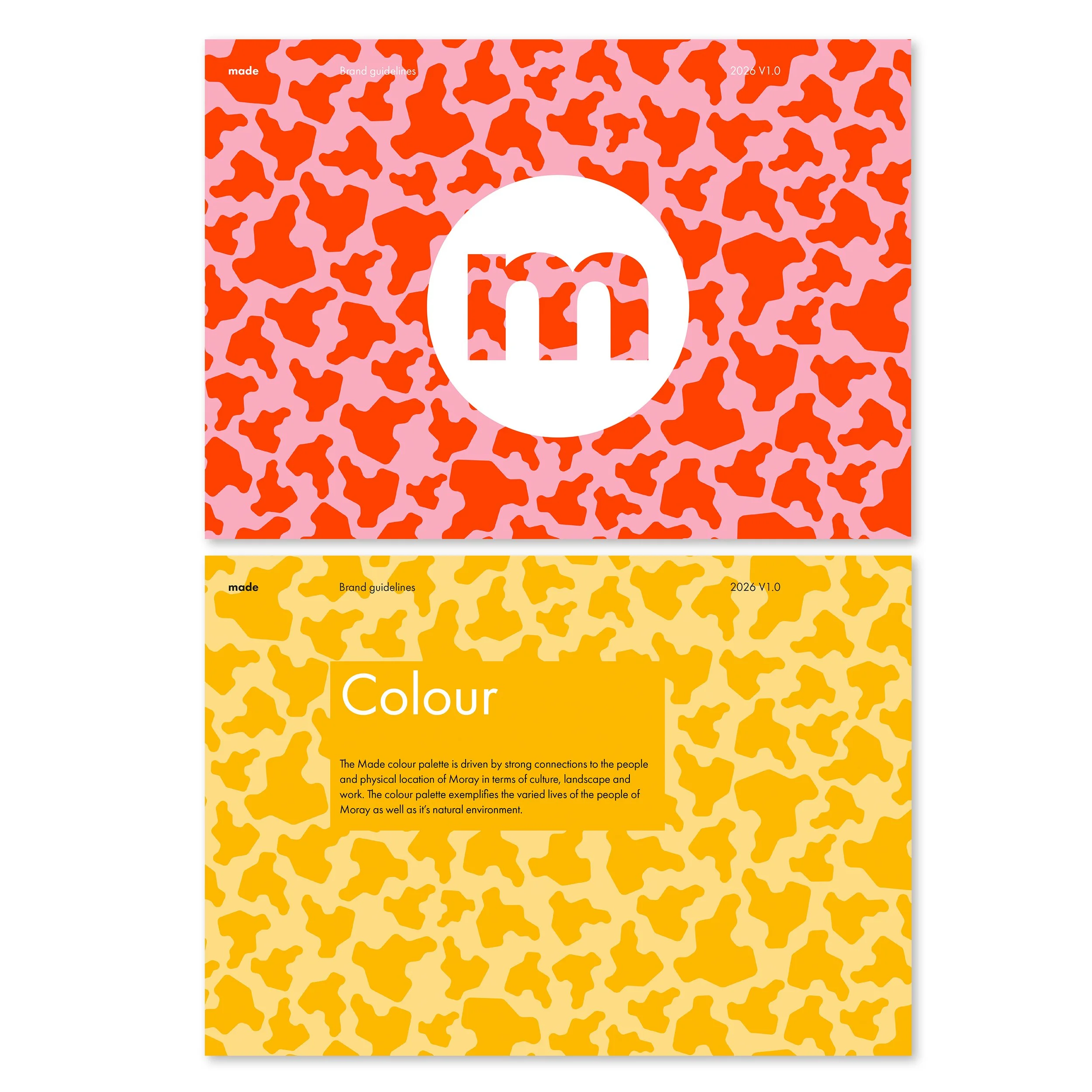 The image shows two colorful book covers with animal print patterns, one pink with red spots and one yellow with orange spots, each titled 'Brand Guidelines' and 'Colour' respectively.