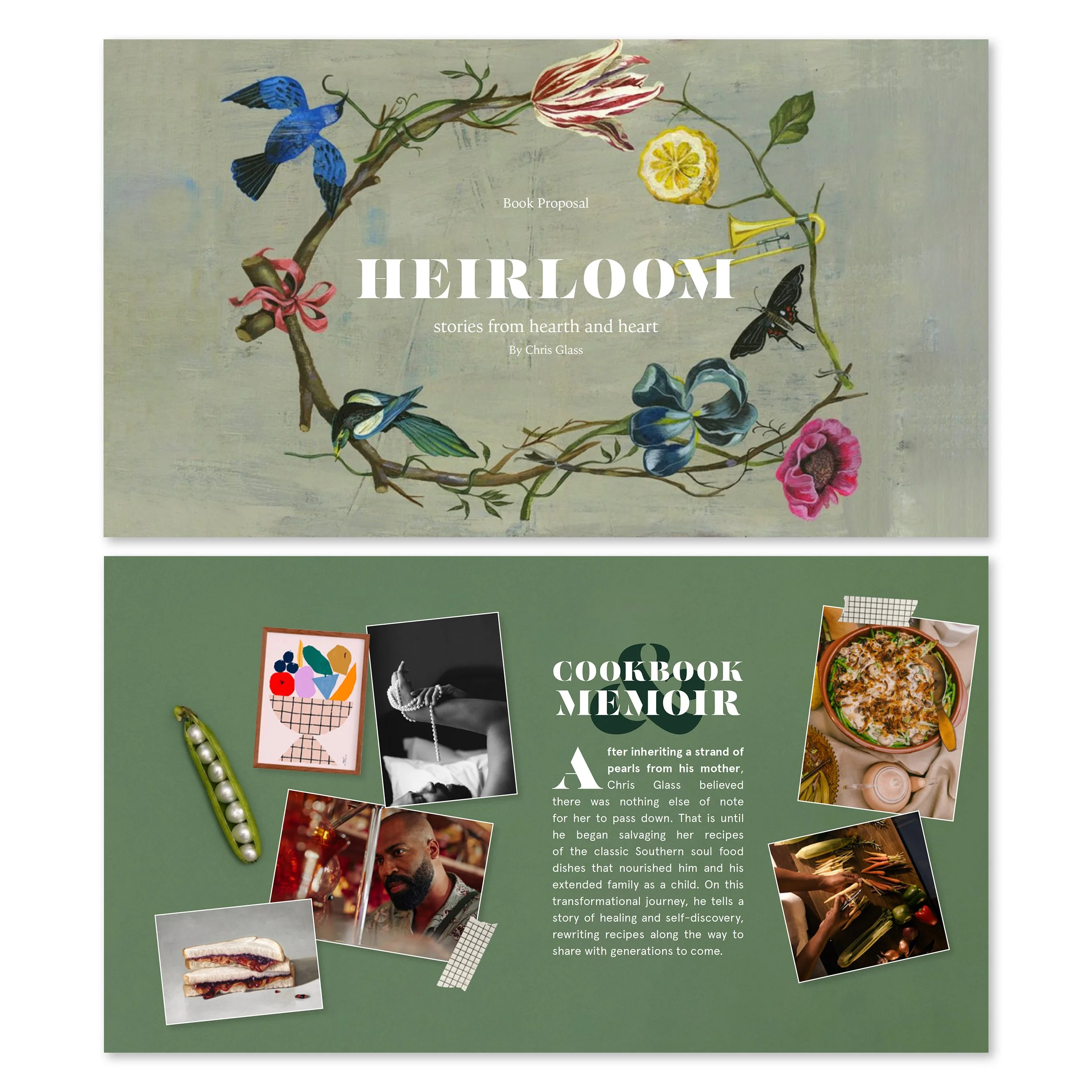 Multiple overlapping pages from a book, titled 'Heirloom', featuring photographs of people, food, and artwork, with a green background and decorative collage elements.