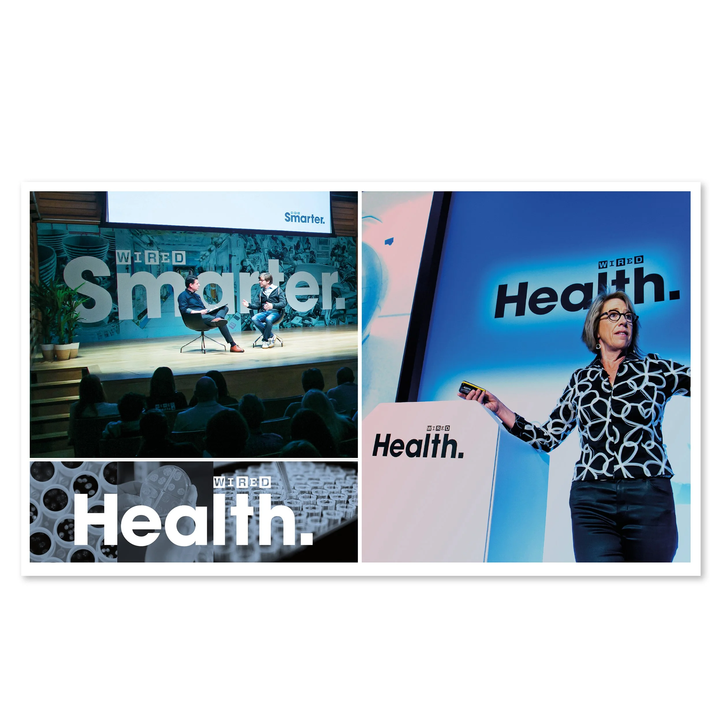 Two panels from a conference featuring tech and health topics. The left panel shows two men engaged in discussion on stage, with a backdrop that reads 'WIRED Smarter.' The right panel features a woman holding a smartphone in front of a screen that di