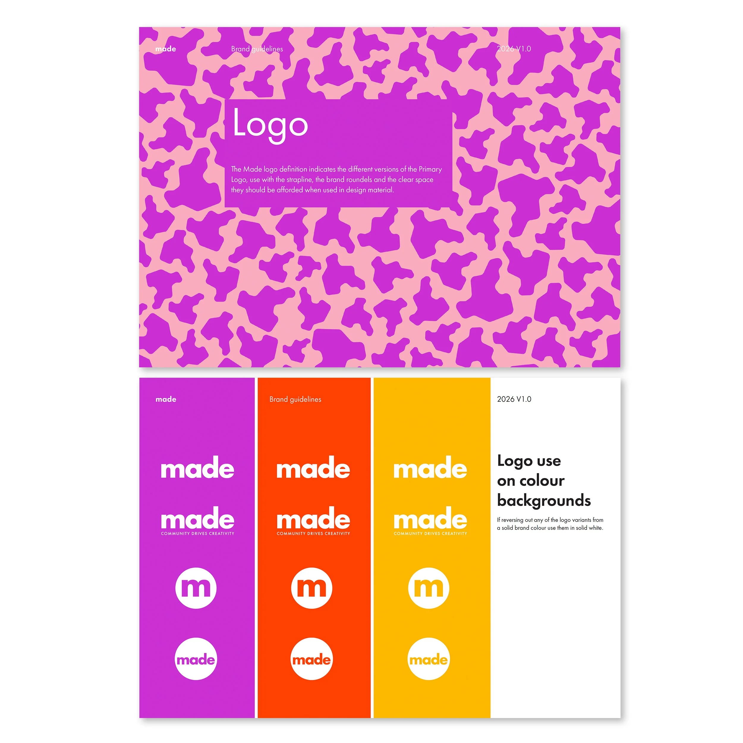 Image showing brand logo color variations with purple, orange, and yellow backgrounds, and the word 'made' in white text. The top part displays a purple and pink abstract pattern background, with a purple box containing the word 'Logo' and paragraph 