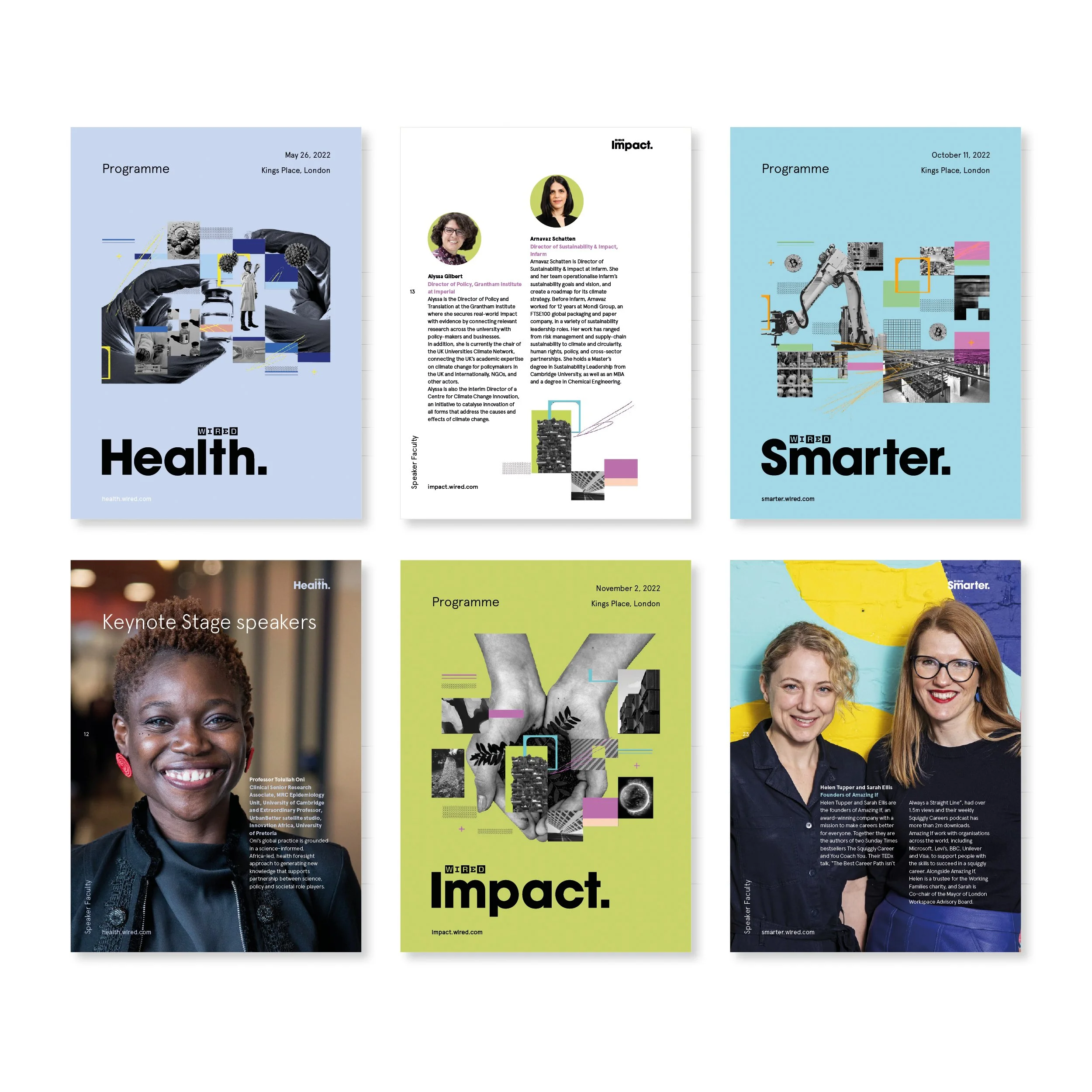 Collection of three conference or event posters with colorful, modern graphics and photos of diverse speakers, focusing on topics like health, impact, and technology. The posters include dates and locations in London.