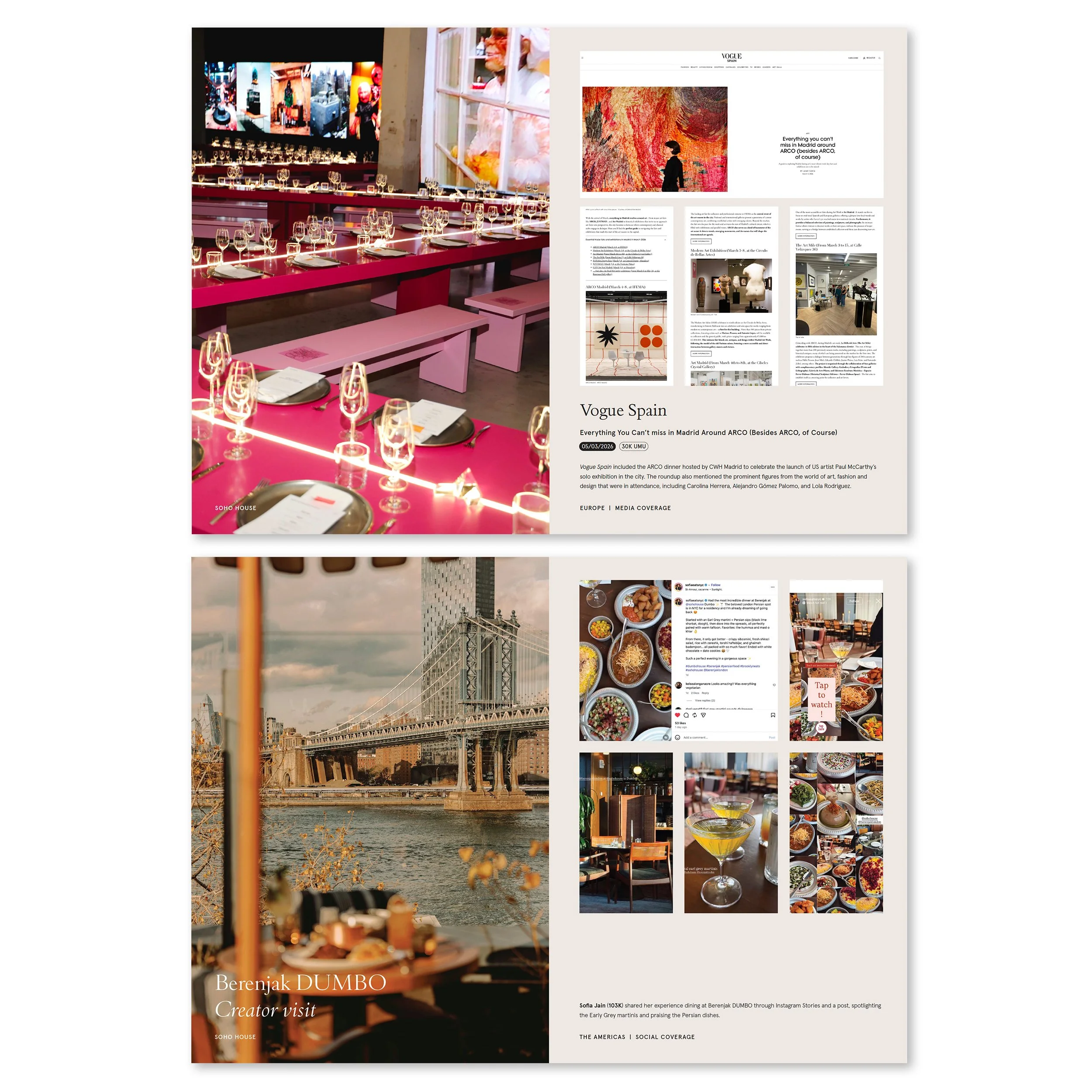 A collage of images including a cityscape with a bridge, an indoor dining setup with pink tables and glasses, an art gallery with paintings, and a screenshot of a webpage about an art event in Madrid, Spain.