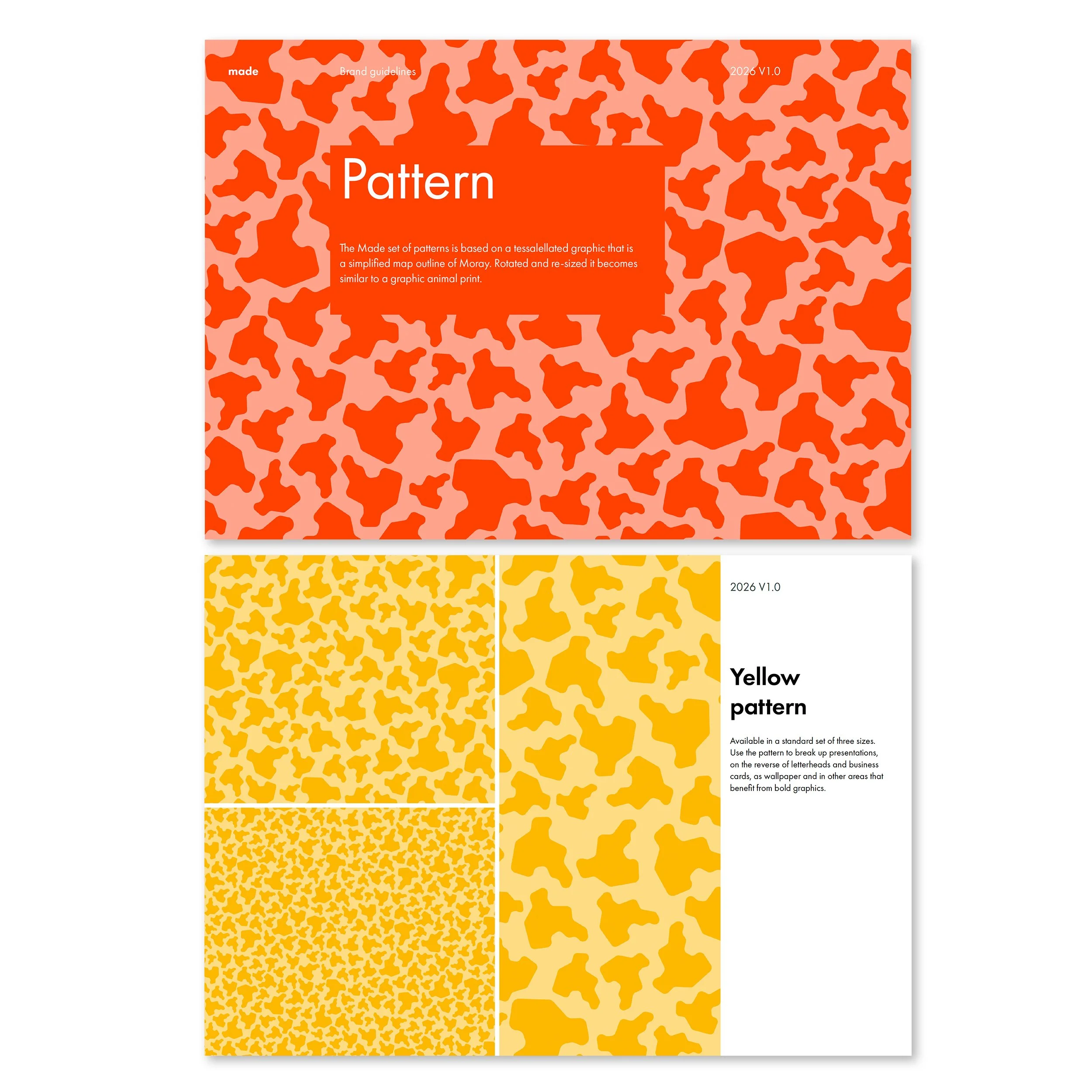 Three sets of animal print patterns in red, orange, and yellow shades, each with a simplified outline resembling a tiger or leopard camouflage. The patterns are labeled as 'Red pattern,' 'Yellow pattern,' and 'Yellow pattern,' with brief descriptions