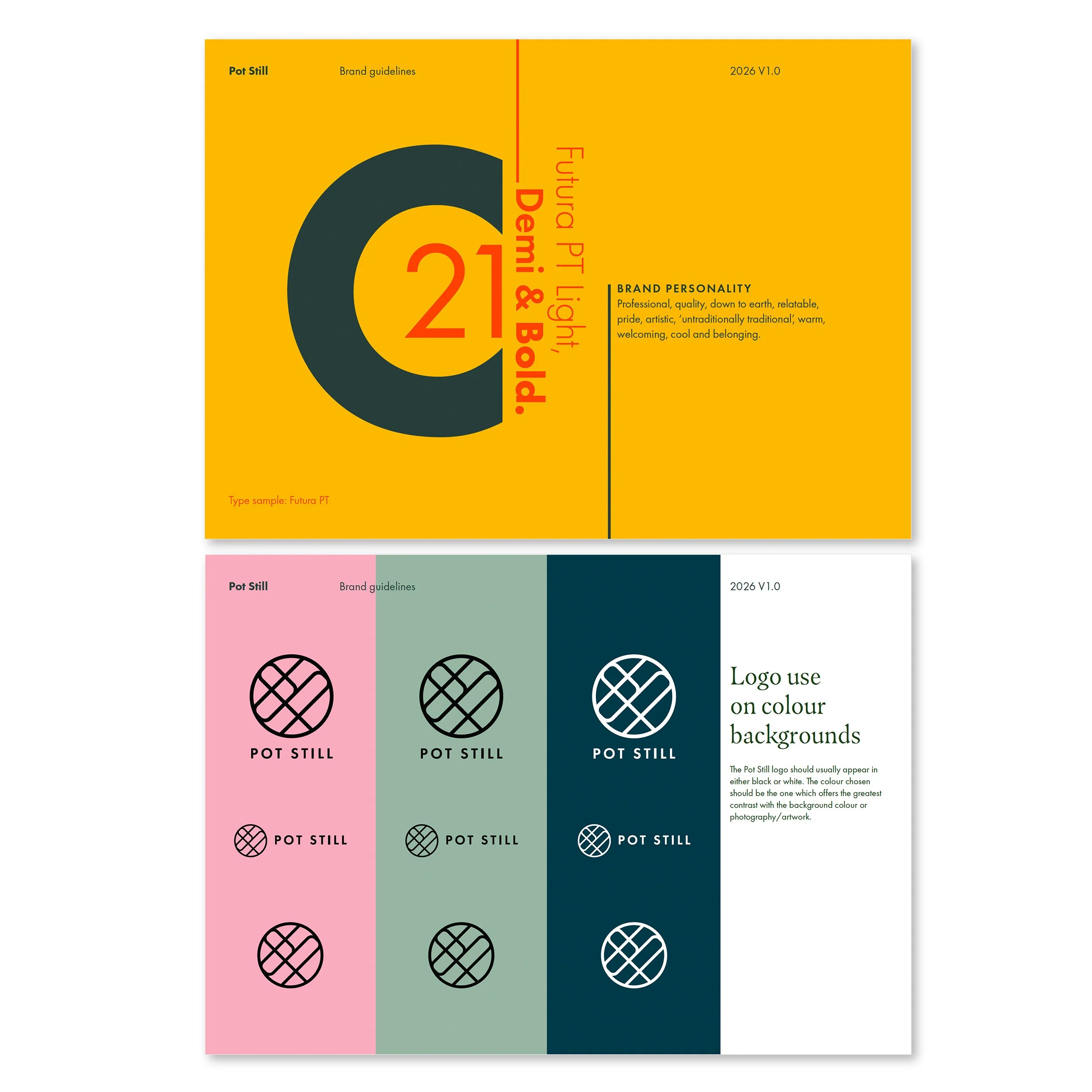 Color palette examples showing pot still logo use on color backgrounds in pink, green, and blue, with black text and images.