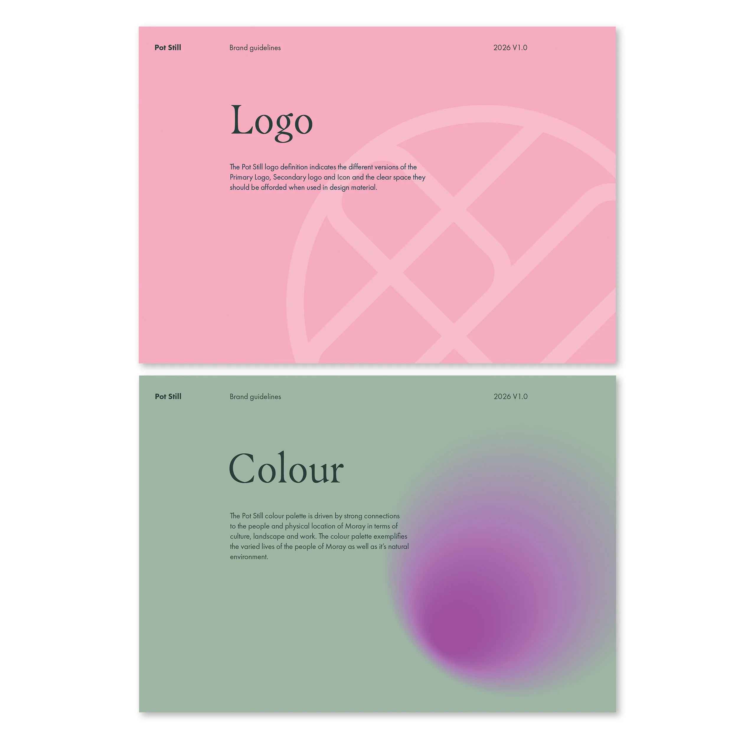 Sample brand guidelines documents with pink and green color palettes showing logo, titles, and descriptive text.