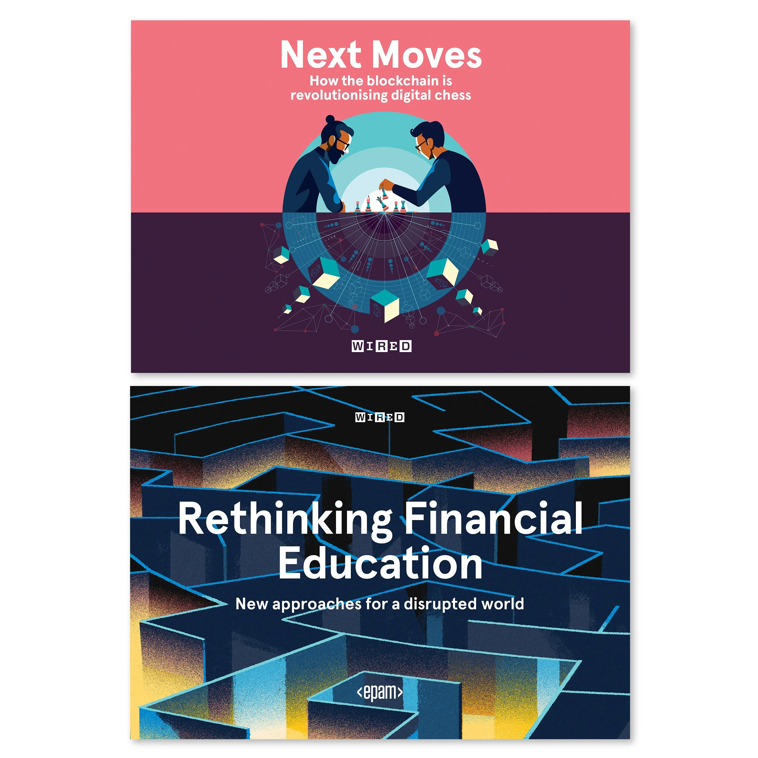 Cover of a magazine titled 'Rethinking Financial Education' featuring an illustration of two men playing chess with digital and geometric elements and the logo 'epam' at the bottom.