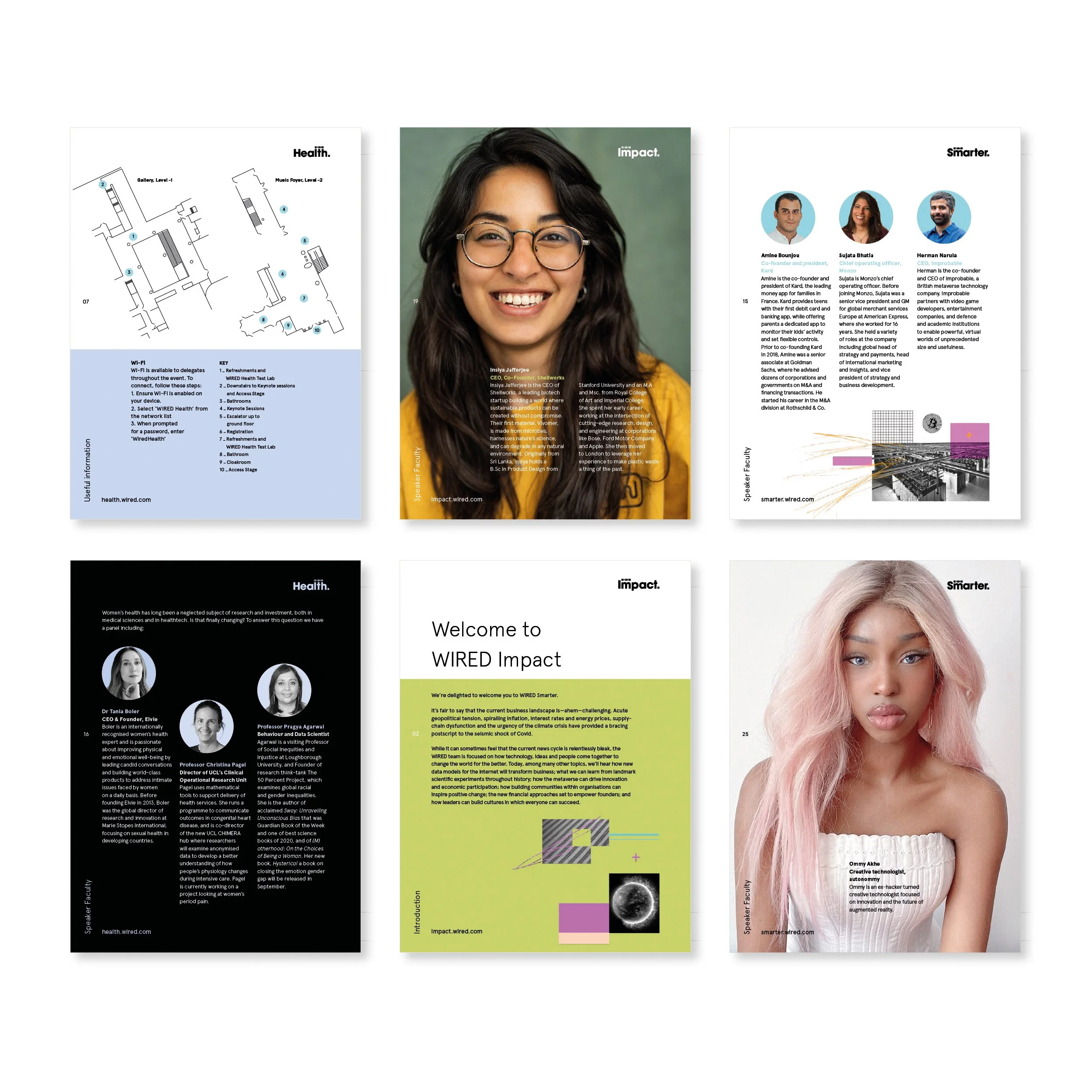 Collection of conference or promotional posters featuring photographs of speakers and informational text, with some graphics and design elements.