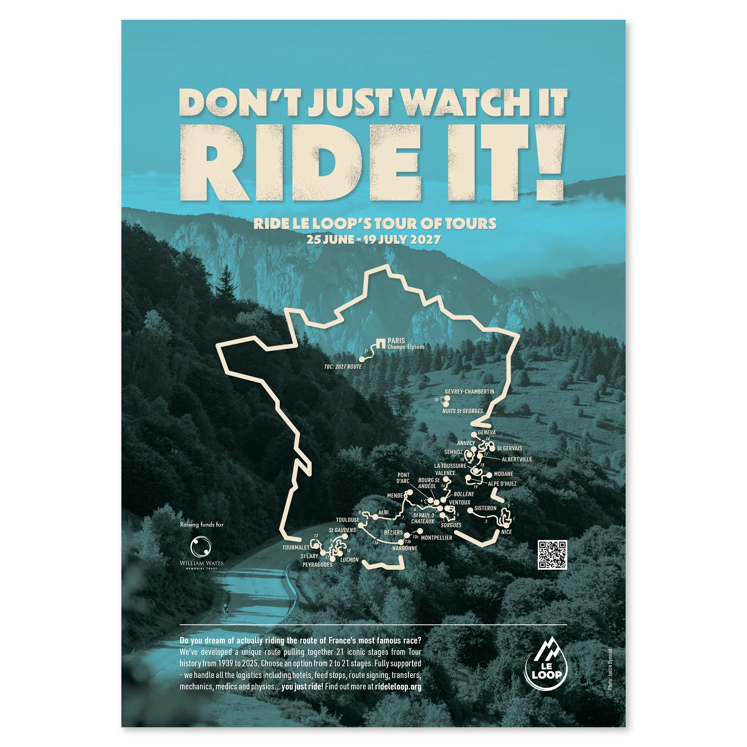 A promotional poster for the Tour de France le Tour races, featuring a mountain landscape with forests and a river, including a route outline, event dates from June 25 to July 19, 2027, and text inviting viewers to participate in the historic cycling
