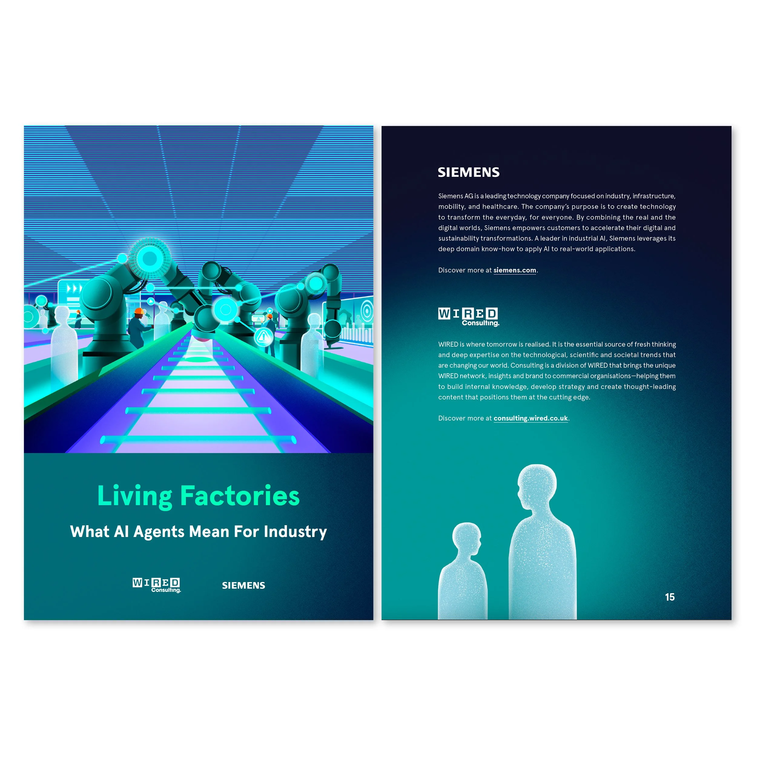 Two pages from a publication about industry and technology. The left page features a digital illustration of robots and people in a factory or industrial environment. The right page contains text about Siemens, AI, and digital transformation, with th