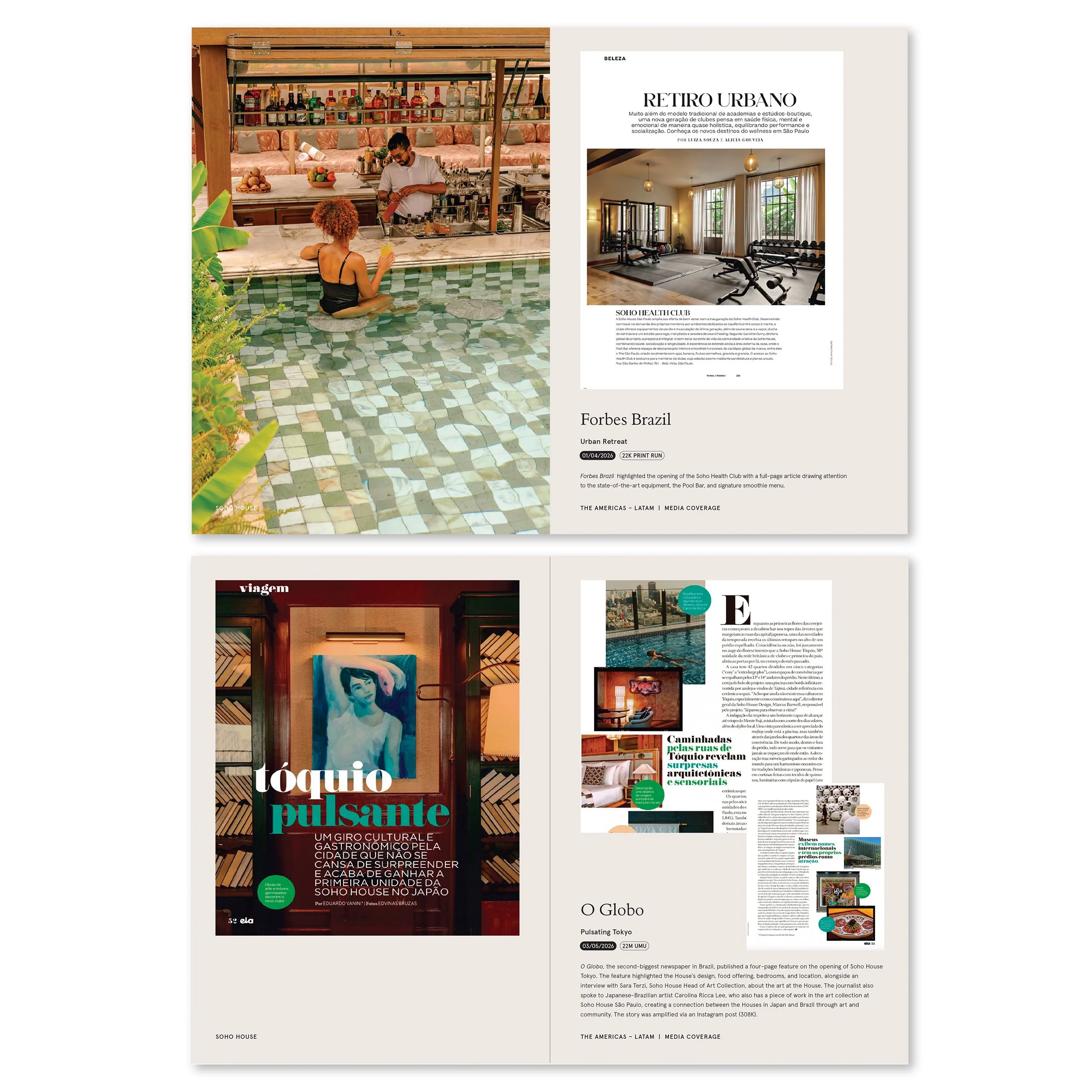 A magazine spread featuring a large photo of a woman in a pool at a bar, with a bartender in the background, and an adjacent page with smaller images and text about urban retreats and a gym room.