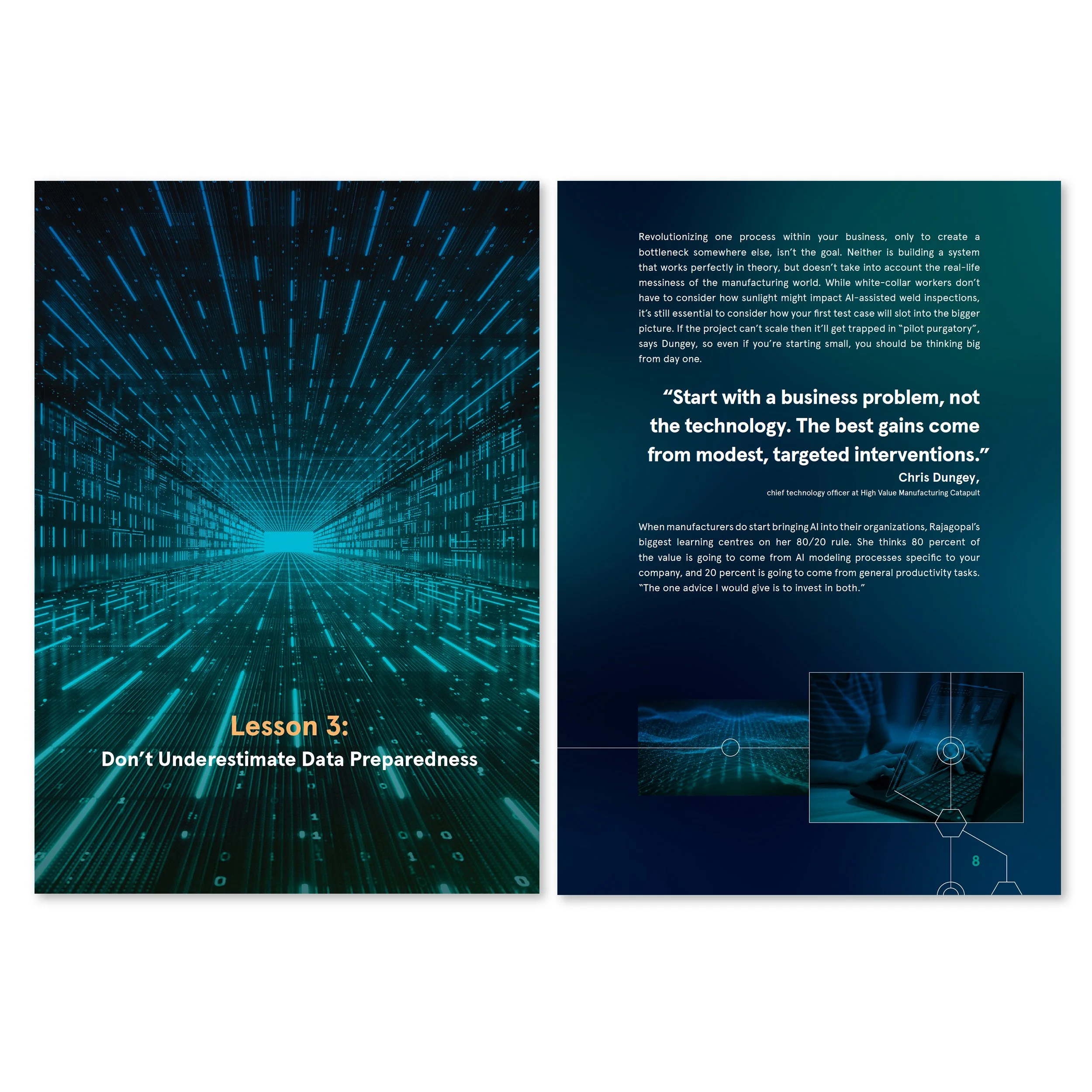 Page with a digital grid background and text about data preparedness and AI in manufacturing, including a quote about starting with a business problem.