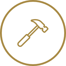 Icon of a hammer inside a gold circle on a black background.