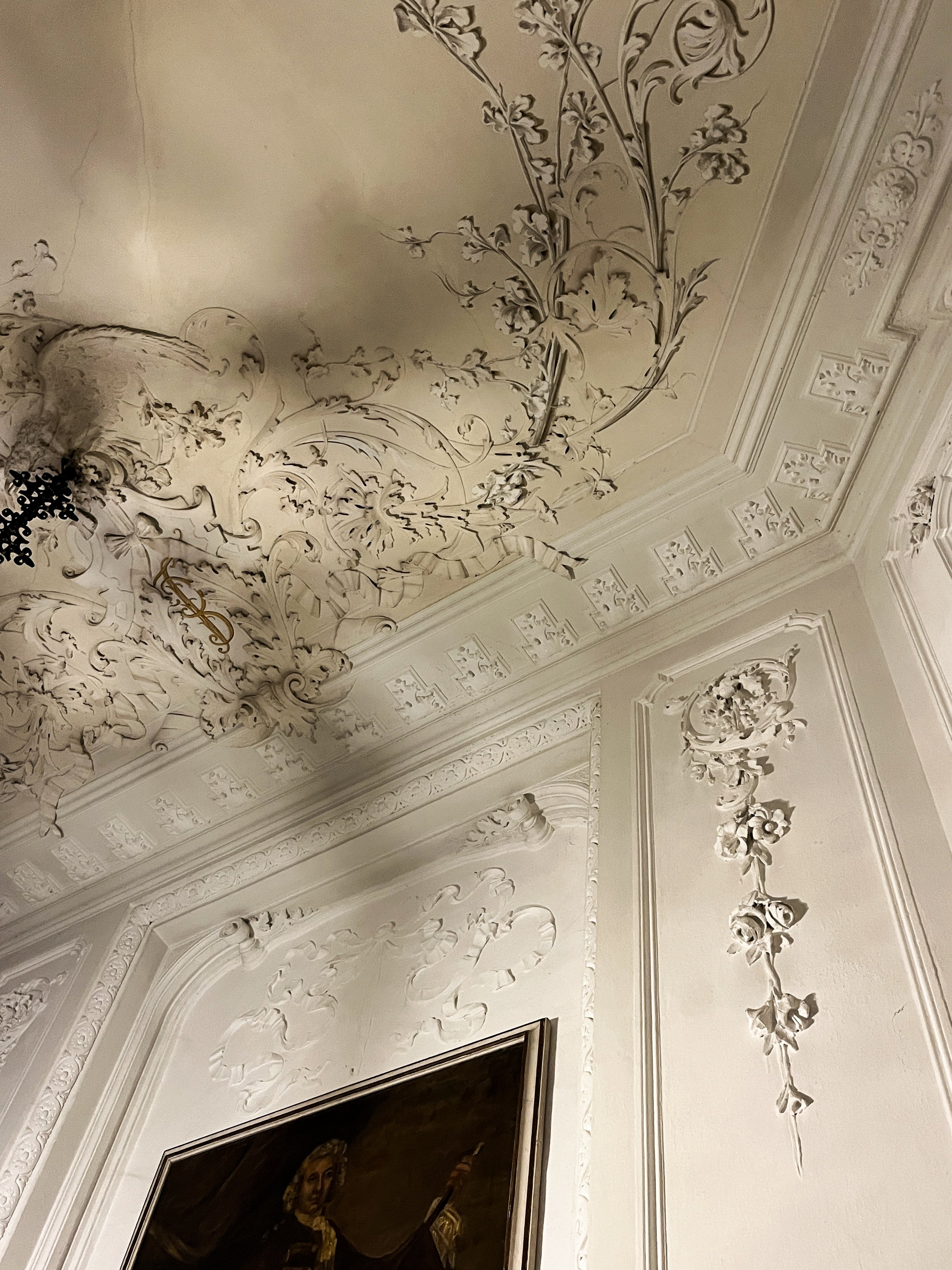 Intricate plaster ceiling and wall moldings in a historic interior, featuring floral and scroll motifs along with a framed painting.