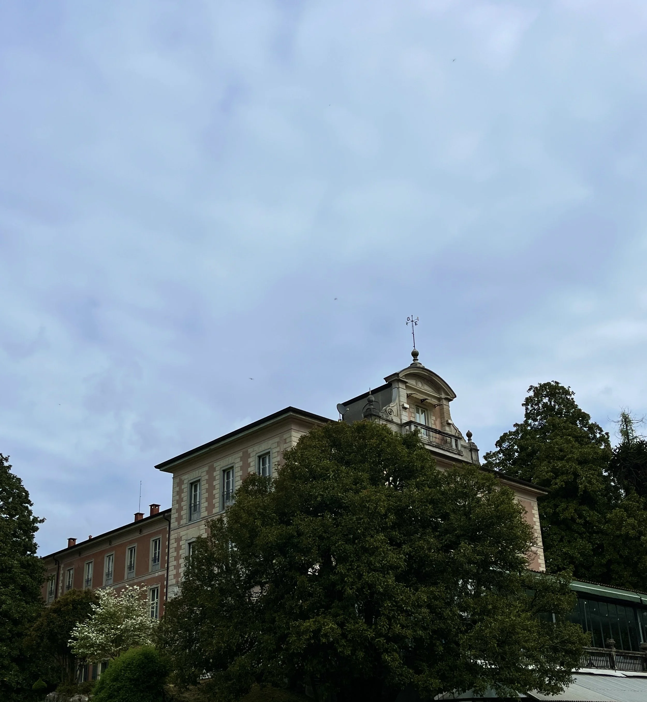 A historic building with a tower and weathervane, surrounded by trees under a partly cloudy sky.