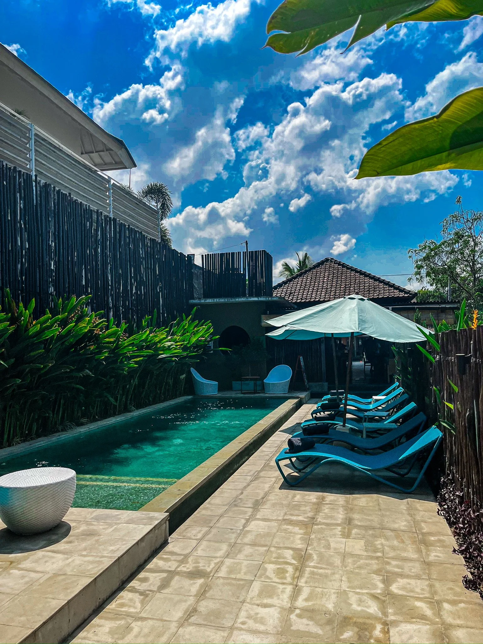 A backyard swimming pool area with lounge chairs, a large umbrella, and lush green plants, under a partly cloudy blue sky.