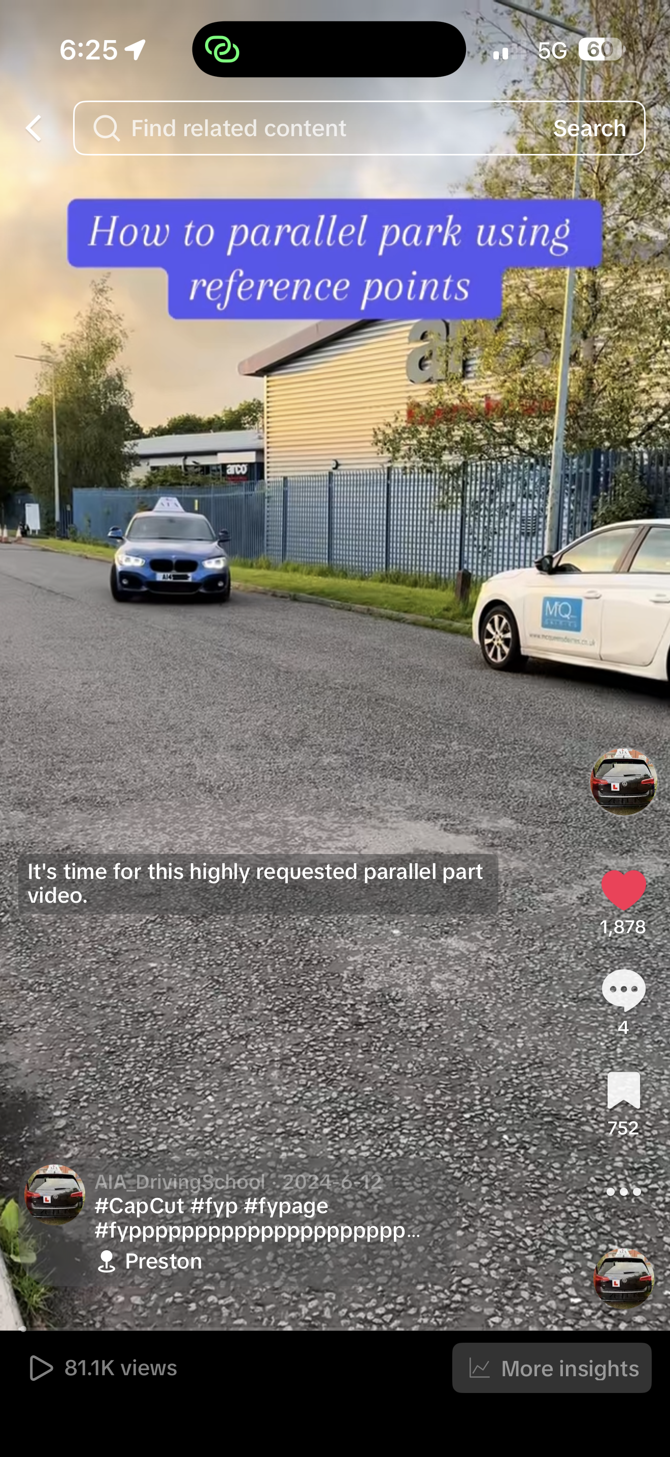 A parking lot with two parked cars, one black and one white, next to a blue fence and a building. There are trees and a cloudy sky in the background, with a taxi on the left and an advertisement or sign on the right. Overlay text reads 'How to parallel park using reference points'.