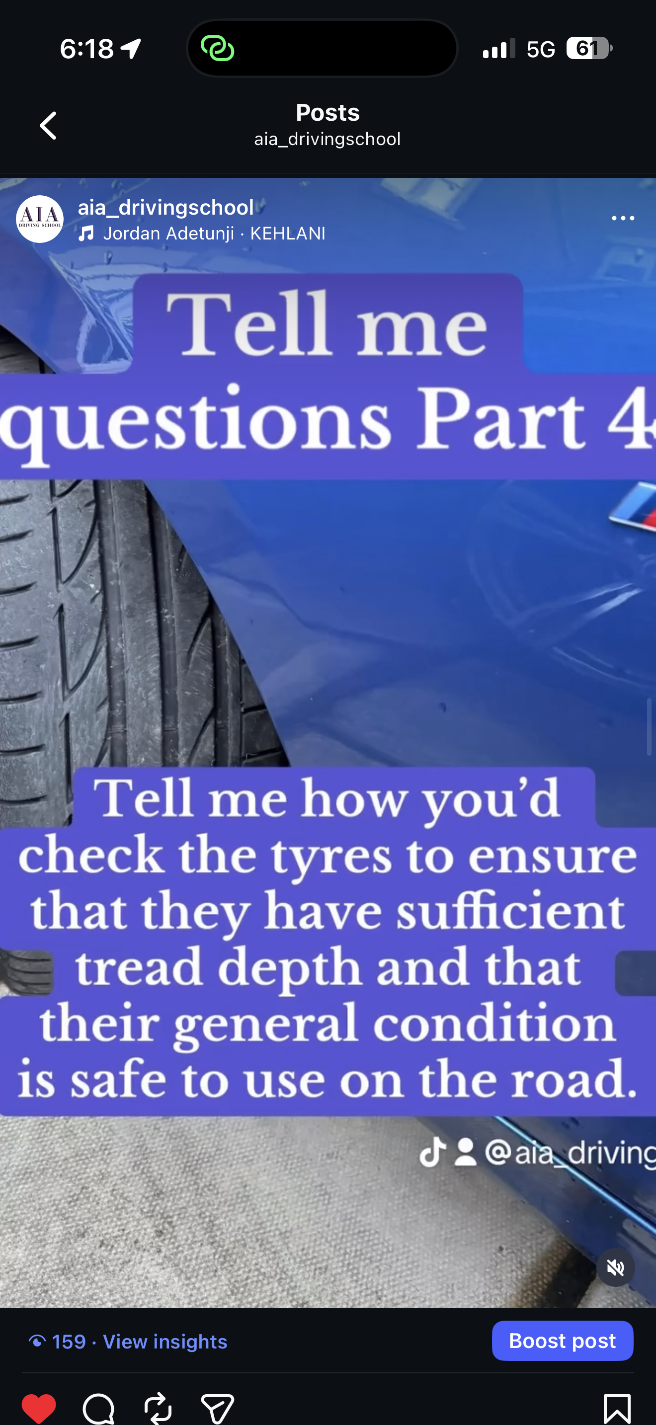 A social media post about checking tire tread depth. The post shows a tire with a blue background and purple text explaining how to check if the tire has enough tread and is safe to use on the road.