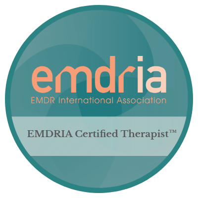 EMDRIA Certified Therapist badge from the EMDR International Association with teal background and orange and white text.
