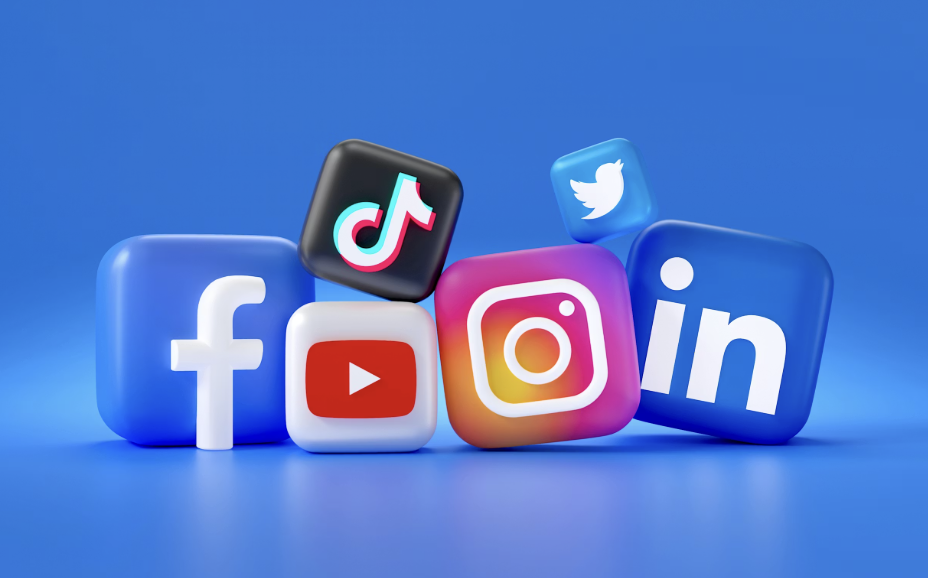Social media icons for Facebook, YouTube, TikTok, Instagram, Twitter, and LinkedIn displayed as 3D cubes against a blue background.