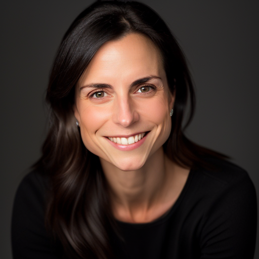 Close-up portrait of a woman with long dark hair, smiling, wearing a black top, and a dark background. Amanda Buckler