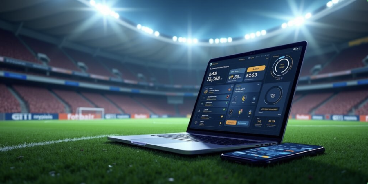 A laptop and smartphone displaying sports statistics on a grass field inside a stadium with bright lights and an audience in the stands.