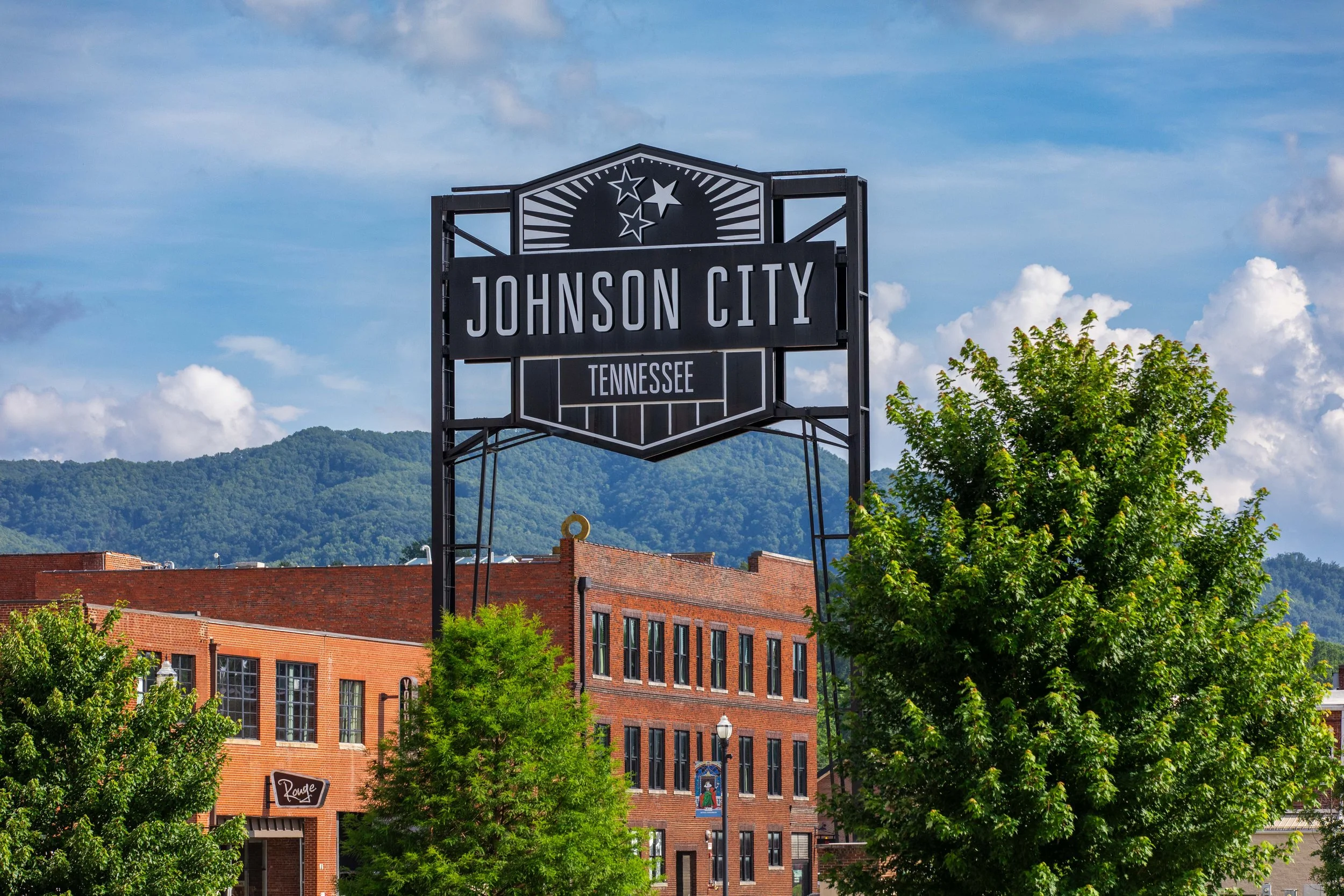 Sign for Johnson City, Tennessee with a mountain range in the background and trees in the foreground.