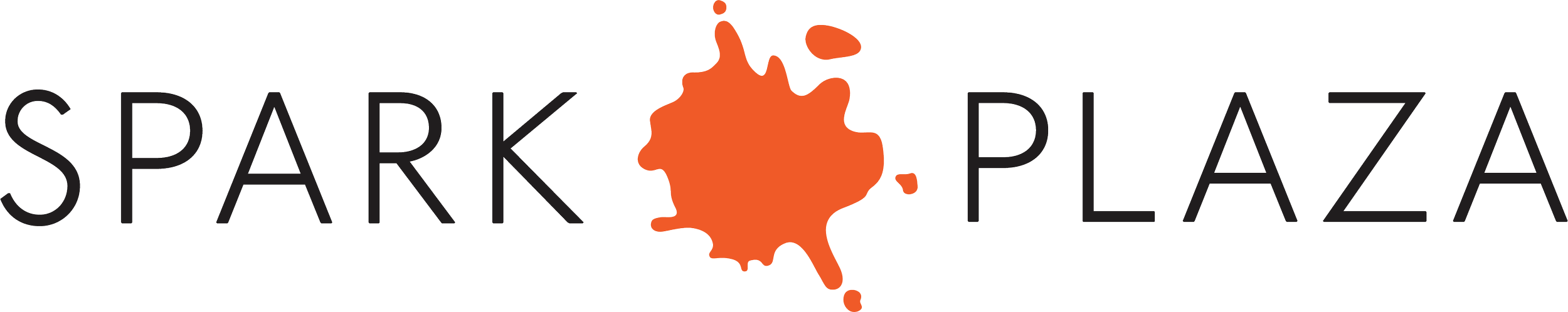 The logo of Spark Plaza, featuring the words 'Spark Plaza' with an orange splash shape in the middle.
