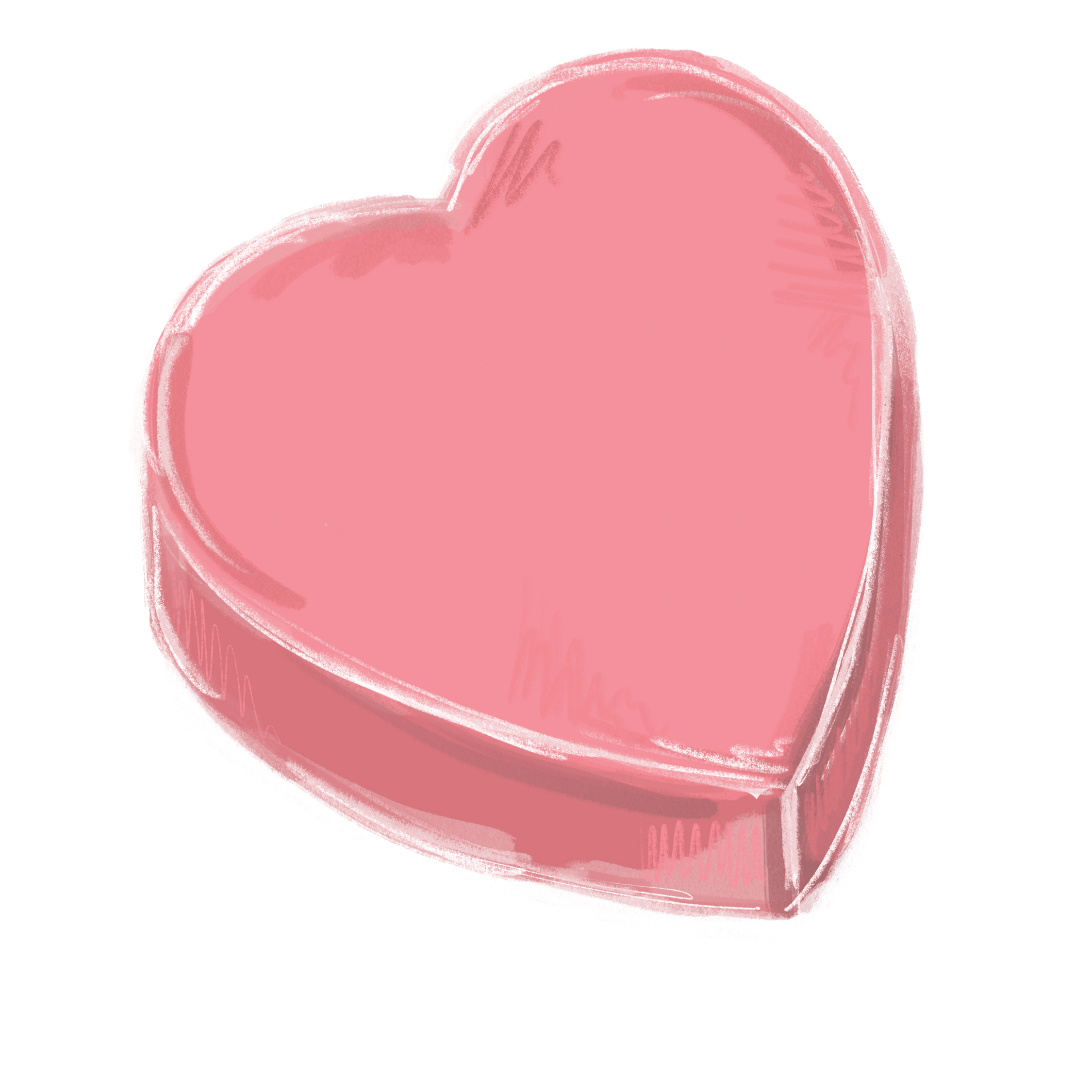 Pink heart-shaped box, illustrated with soft shading and a white outline.