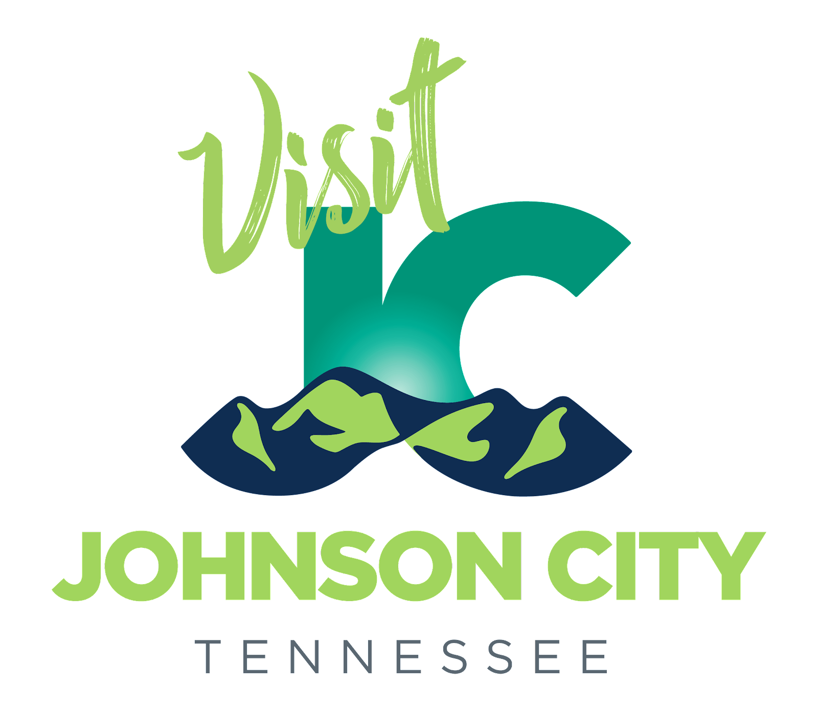 Logo for Visit Johnson City, Tennessee, featuring a mountain range, a large letter 'C', and stylized text with green, blue, and pink colors.