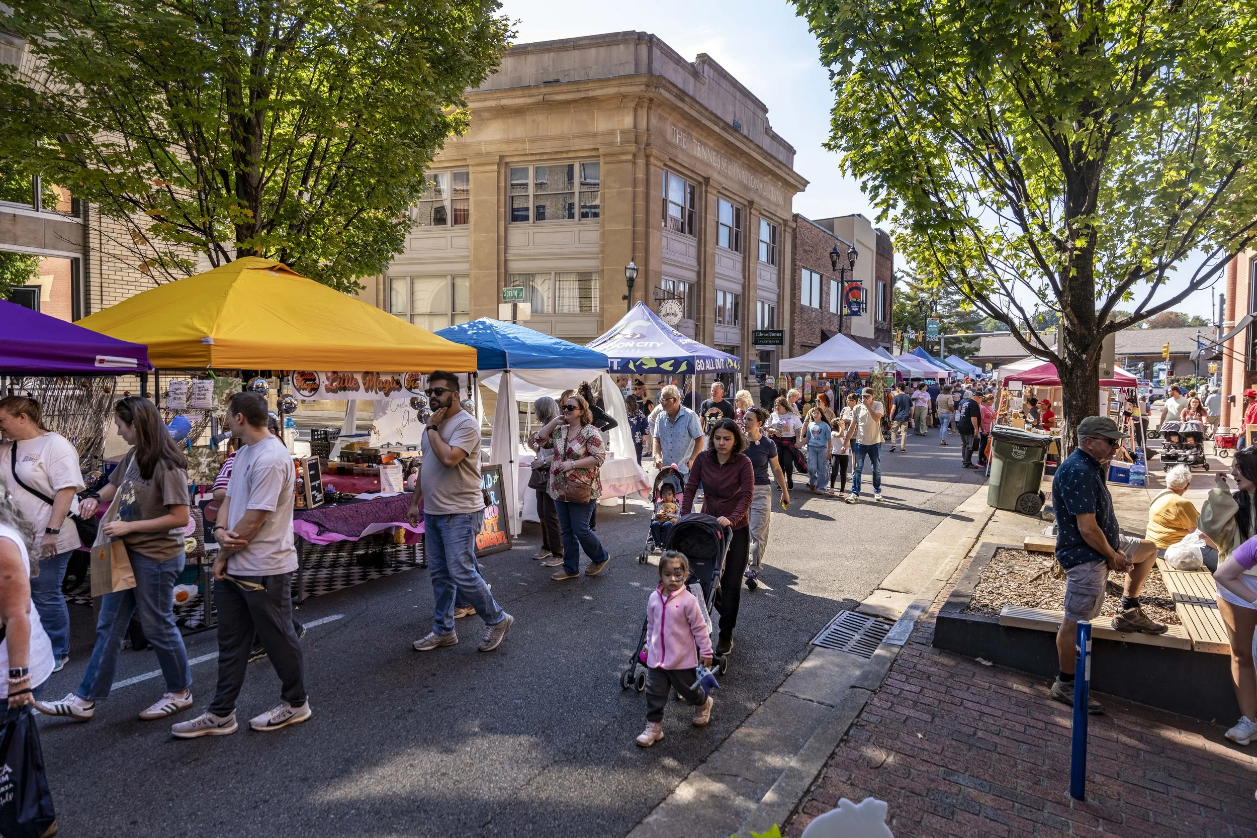 Crowd at an outdoor street market with vendor tents, trees, and historic buildings in the background.