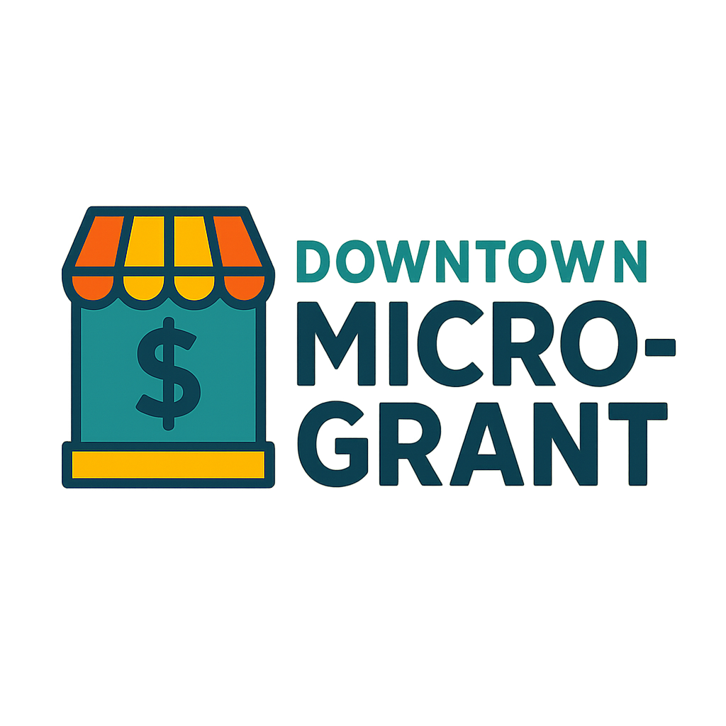 Logo for Downtown Micro-Grant featuring a storefront with a dollar sign and a striped awning.