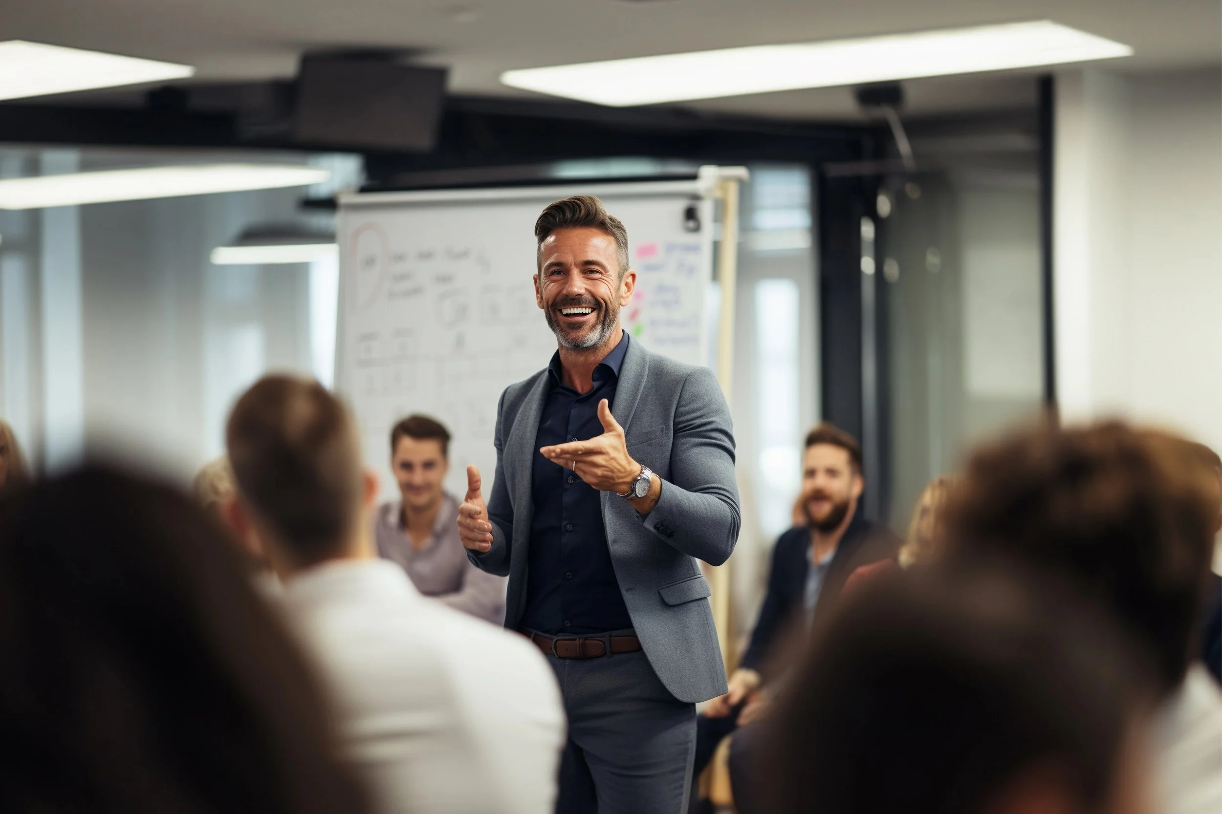 A man in a gray suit is speaking and gesturing with his hand during a presentation or workshop in a conference room, with a group of people listening attentively.