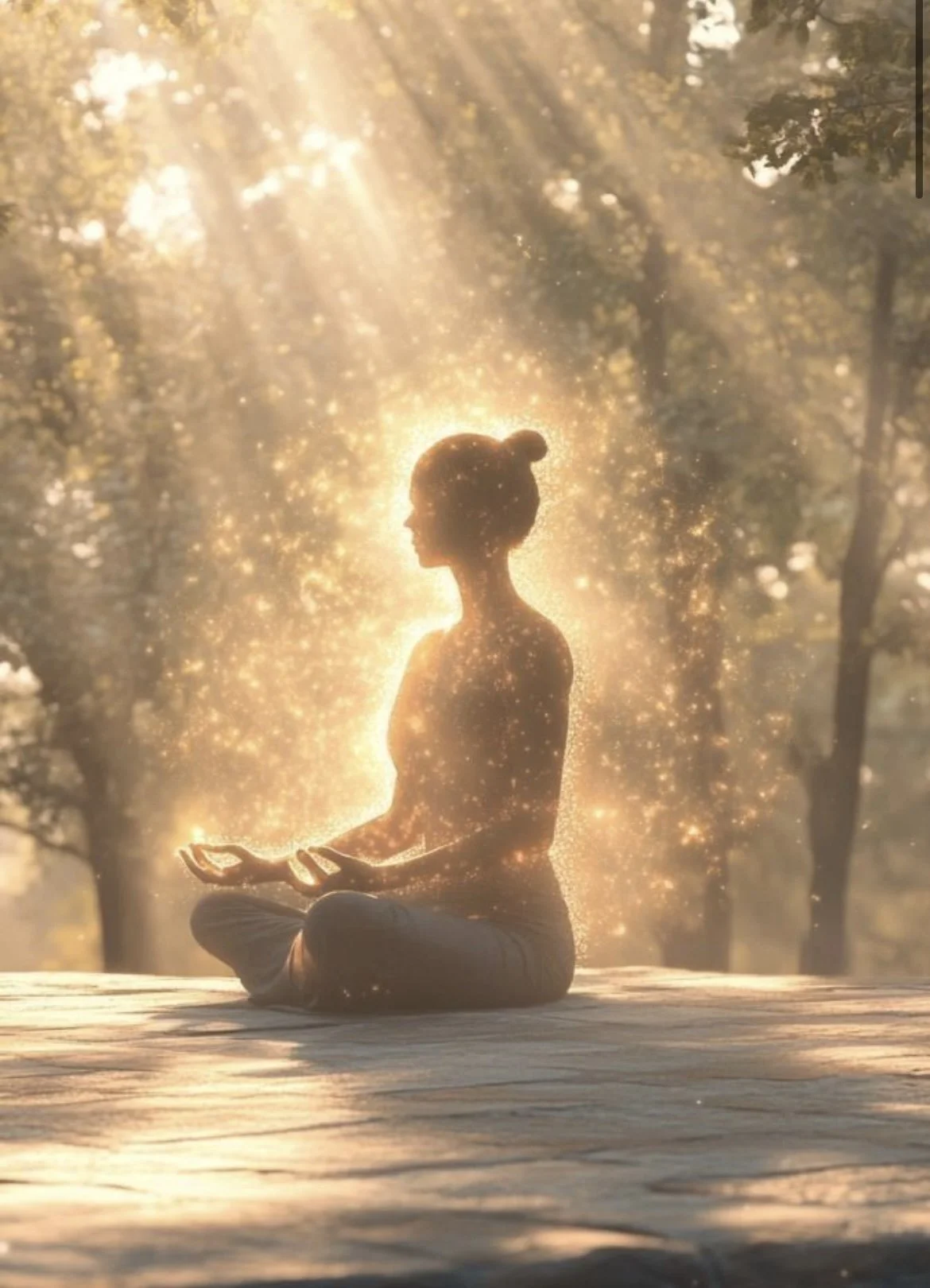 A woman practicing yoga outdoors during sunset, sitting cross-legged in a meditative pose with sunlight and golden particles surrounding her.