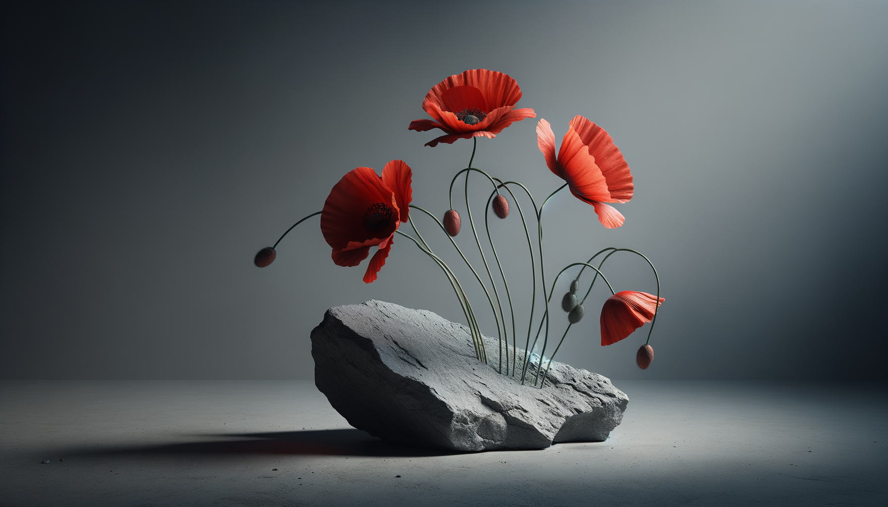 Red poppy flowers with thin stems and seed pods emerging from a large, rough stone on a flat surface with a plain dark background.