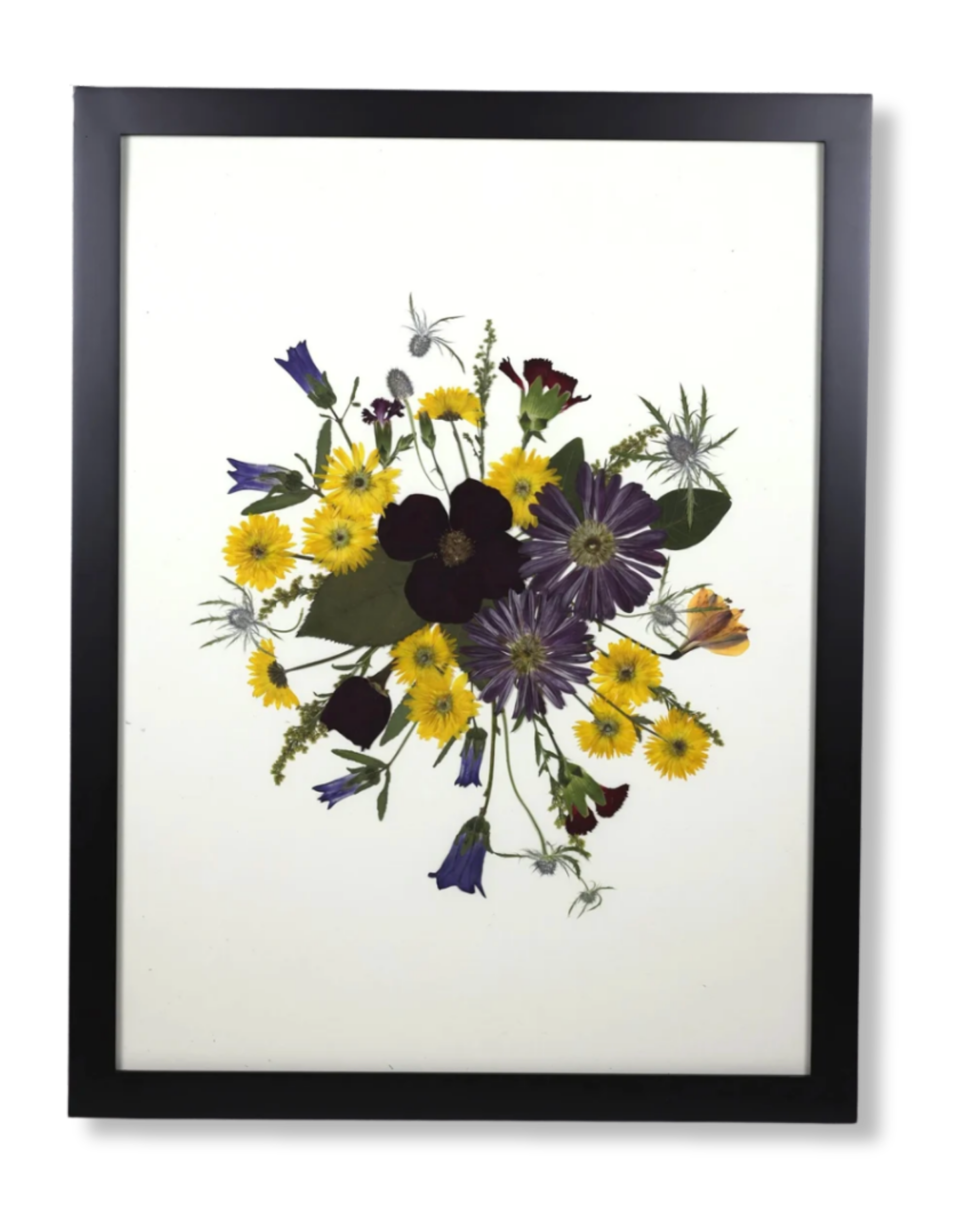 A vertical digital screen displaying a bouquet of mixed flowers against a white background. The flowers are purple, yellow, and dark red, with green leaves and stems.