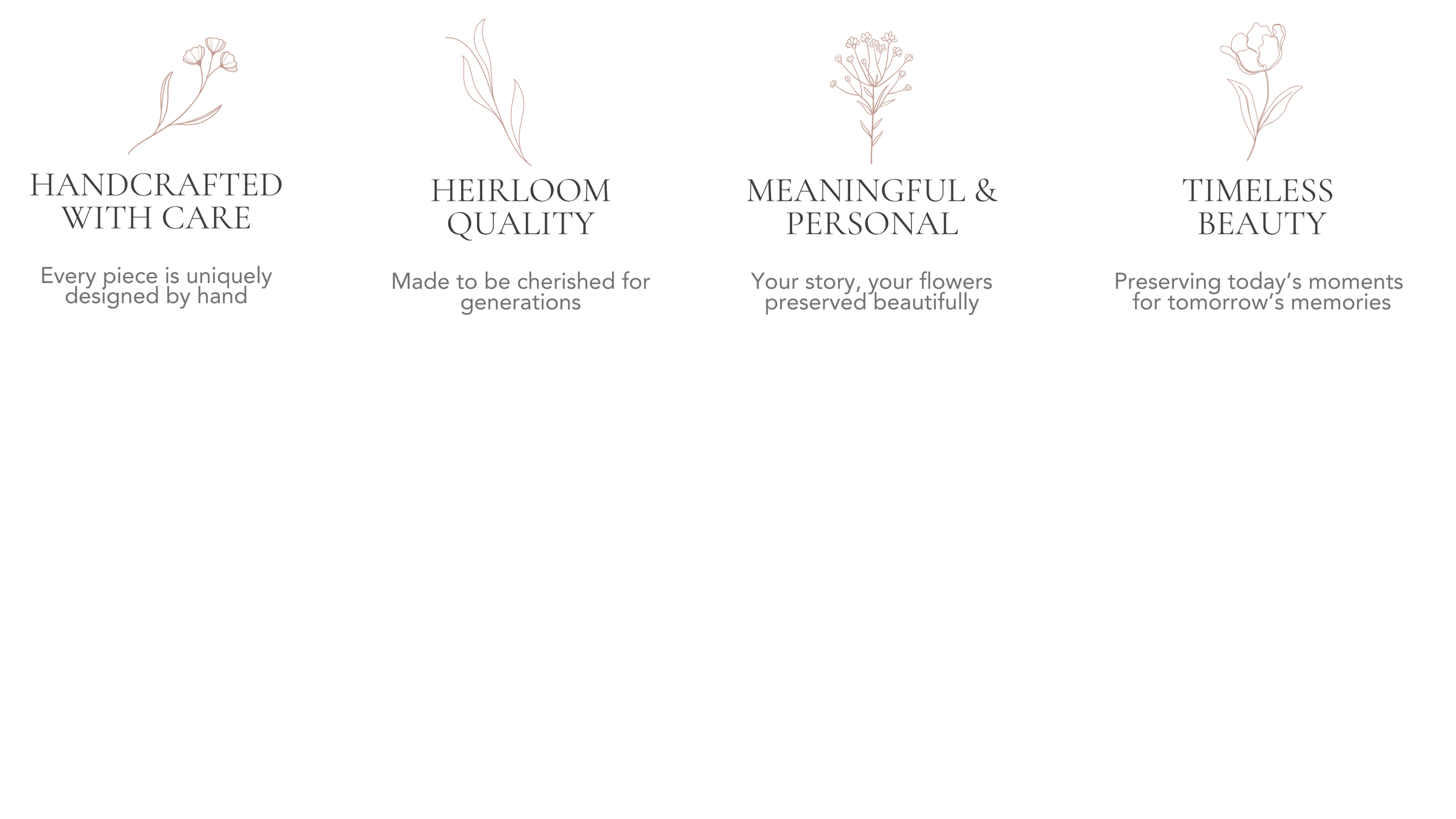 Design featuring four sections with botanical illustrations and text promoting handcrafted, heirloom-quality, meaningful, personal, and timeless beauty items.
