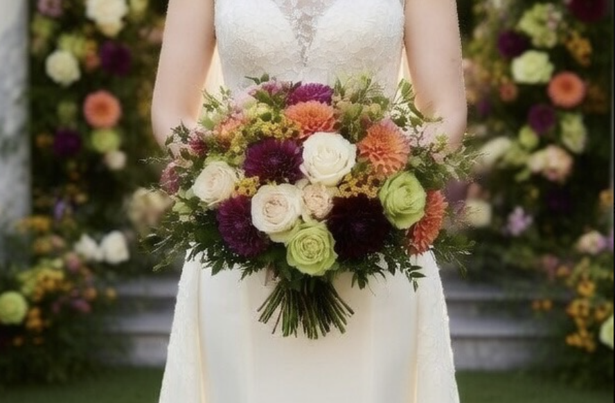A bride in a white wedding dress holds a large bouquet of colorful flowers, including white, pink, purple, orange, and green blooms, in front of a floral backdrop.