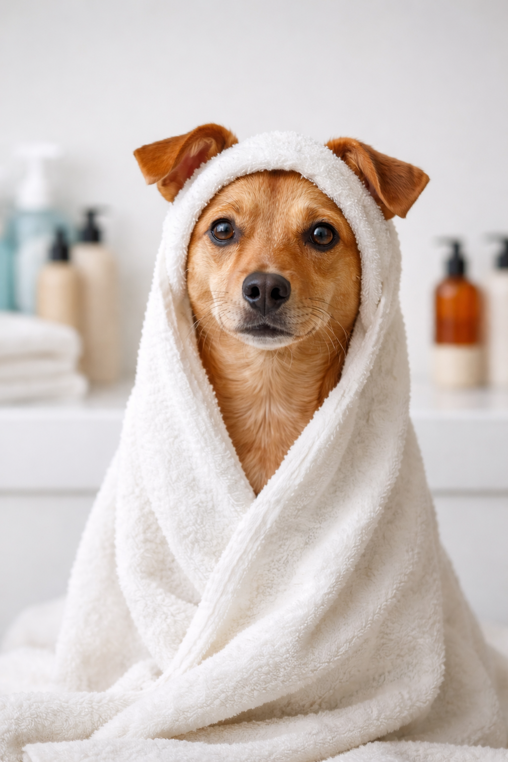 Dog wrapped in a white towel with a hood, sitting on a bathroom counter with bottles and towels in the background.