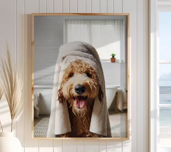 Dog with a towel on its head in front of a mirror