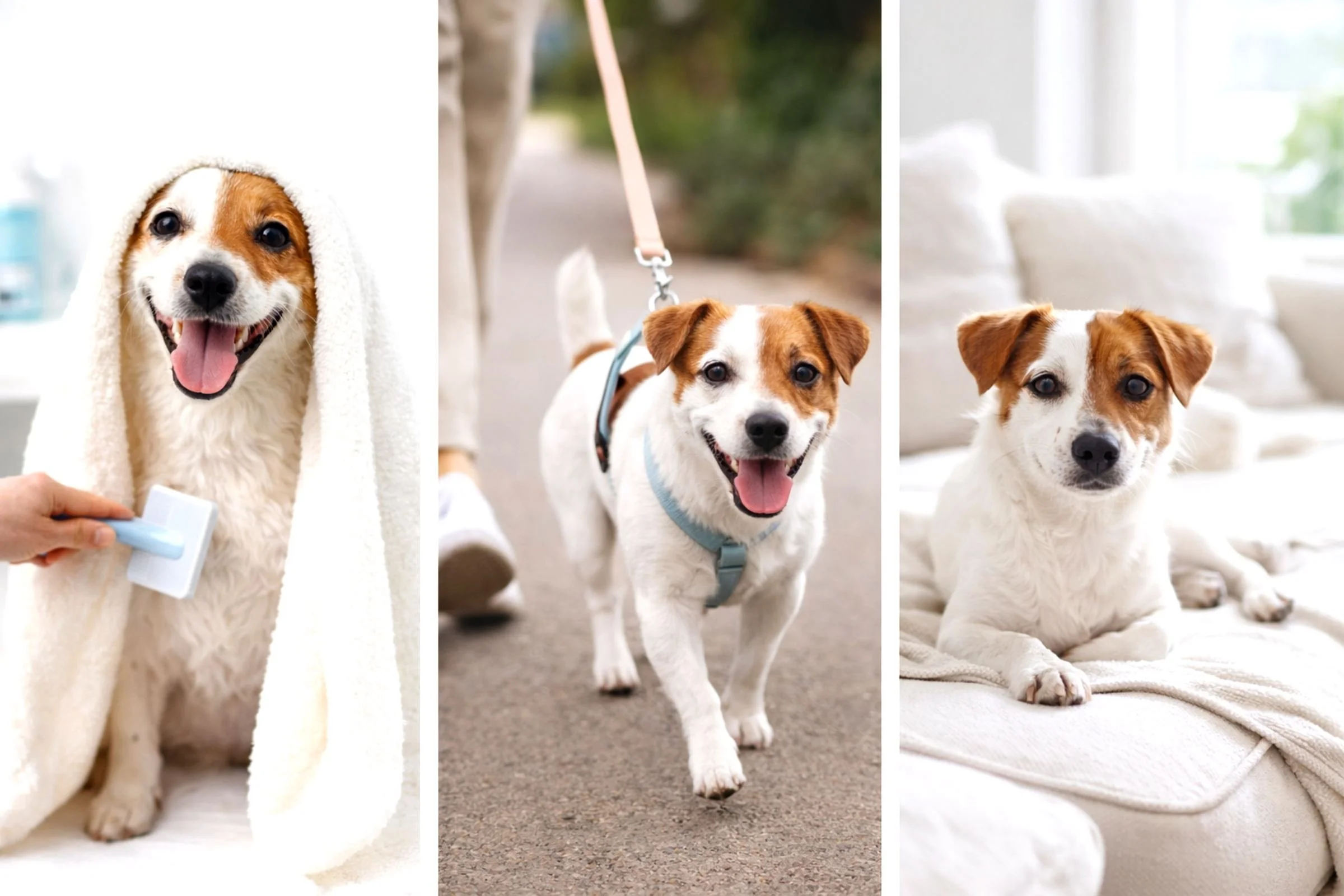 Three photos of a small white and brown dog. The first photo shows the dog with a towel over its head while a person brushes its fur. The second photo shows the dog walking on a sidewalk on a leash, smiling. The third photo shows the dog lying on a white couch with large pillows, looking at the camera.