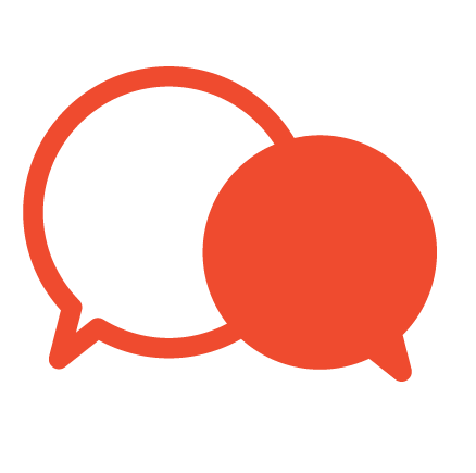 Two overlapping chat bubbles, one outlined and one filled in orange.