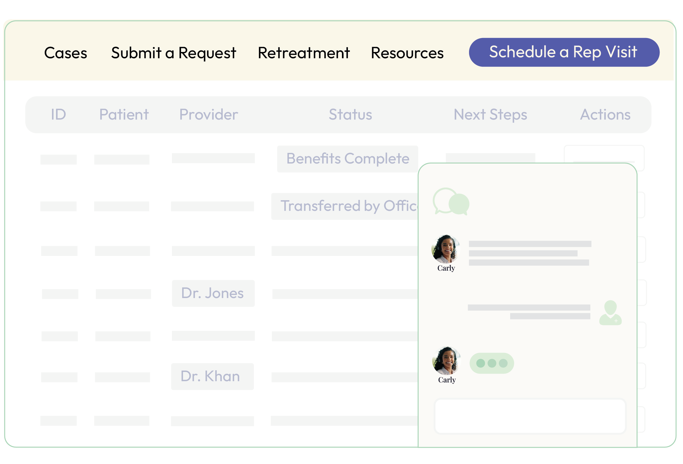 Screenshot of a healthcare website with navigation menu options like Cases, Submit a Request, Retreat, Resources, and a button to schedule a representative visit. The page displays a table of patient information with columns for ID, Patient, Provider, Status, Next Steps, and Actions, some rows with statuses 'Benefits Complete' and 'Transferred by Office'. A chat window is open showing a conversation with Carly, including her profile picture and messages.