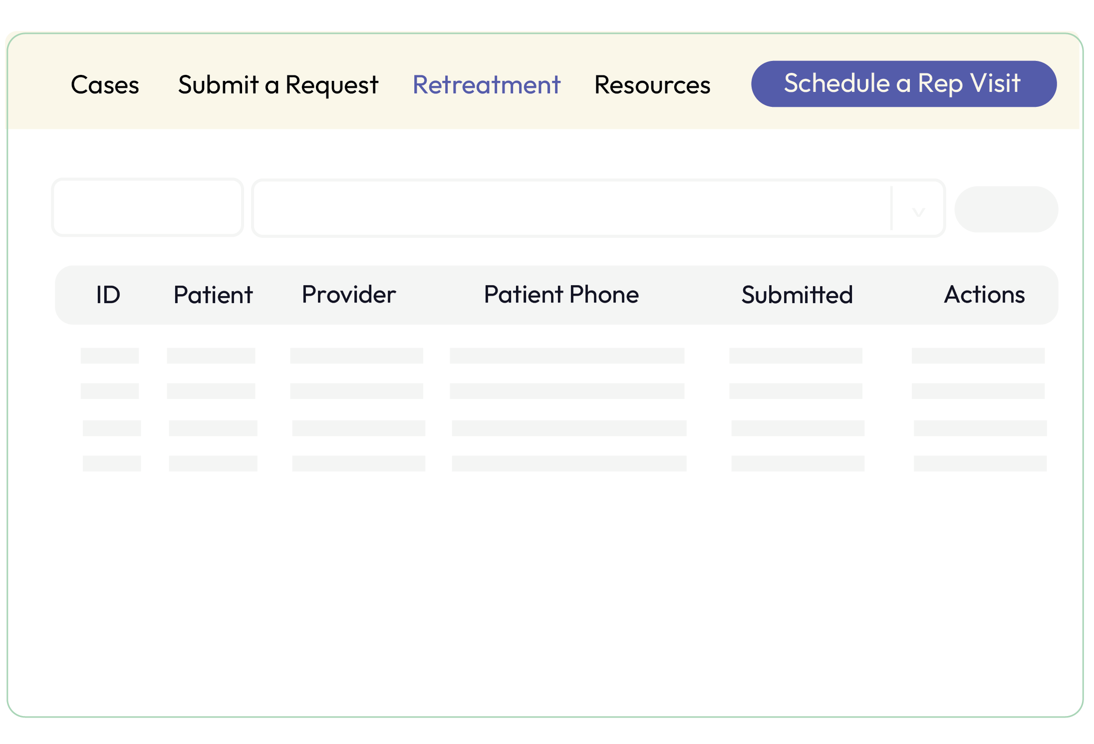 Screenshot of a medical website interface with menu options: Cases, Submit a Request, Retreatment, Resources, and a button to Schedule a Req Visit. Below are a table with columns for ID, Patient, Provider, Patient Phone, Submitted, and Actions, but the table is blank.