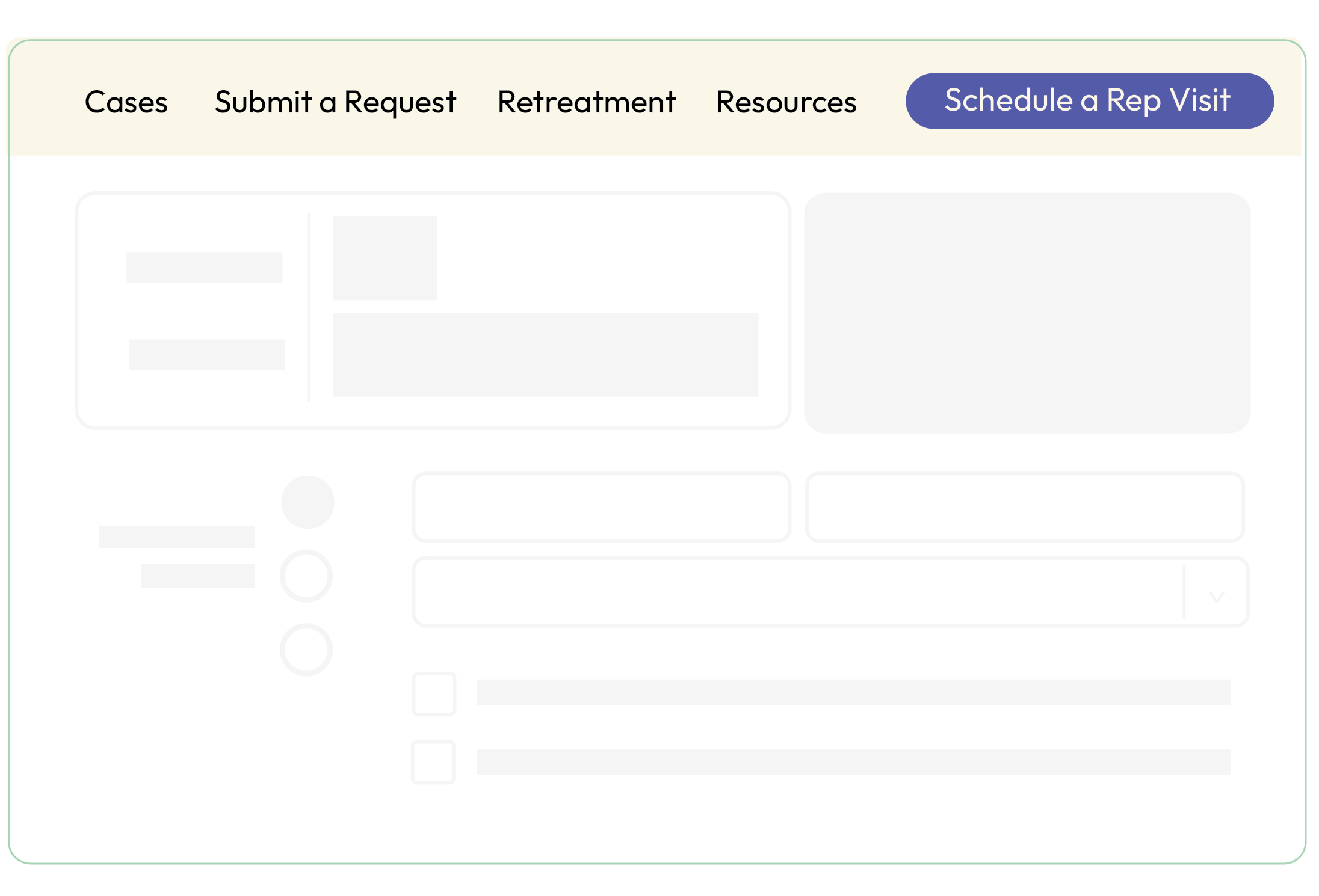 A healthcare website interface with navigation tabs for 'Cases,' 'Submit a Request,' 'Retreatment,' and 'Resources.' There is a prominent button labeled 'Schedule a Rep Visit' at the top right.