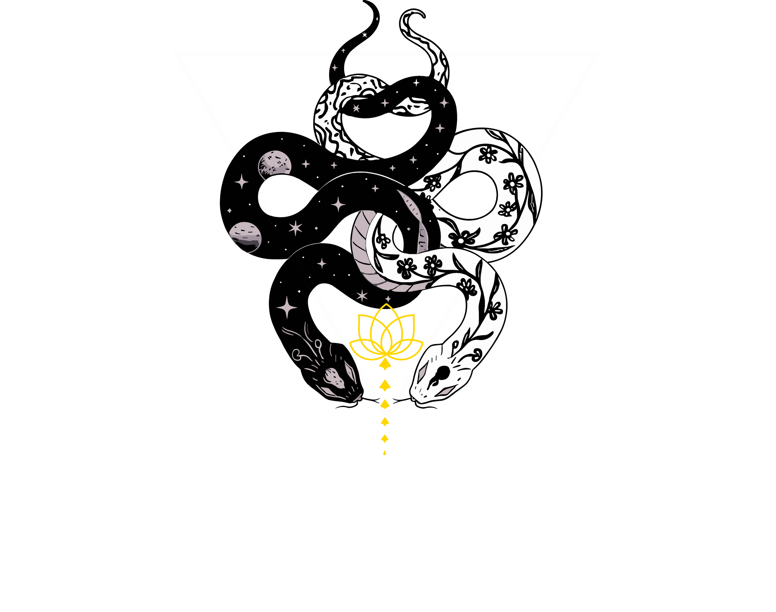 Logo for The Art Of Ananda, featuring a stylized snake intertwined with a lotus flower, with a pentagram at the bottom and geometric lines creating a triangle behind the snake.